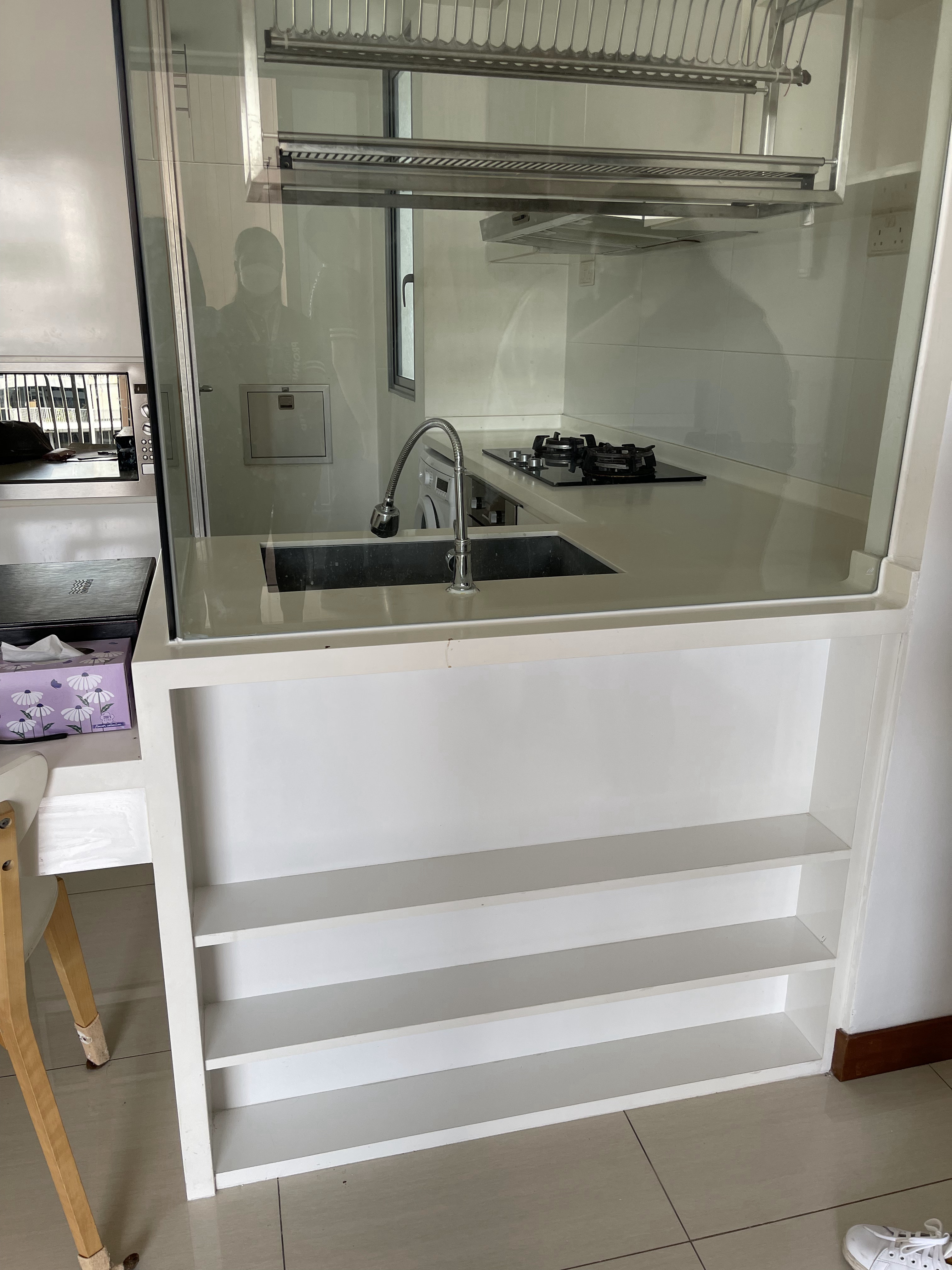 Our Kitchen: Before & After  - Kitchen island, white countertop, stainless steel sink, modern faucet, white cabinets, white