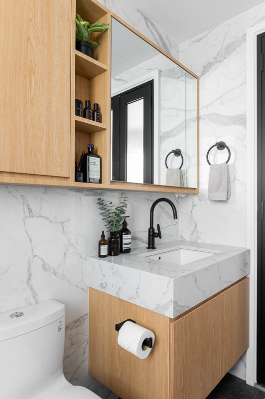 Our Simple & Function Bathrooms: Before & After  - Wooden cabinet with open shelves, black plants, bathroom vanity with