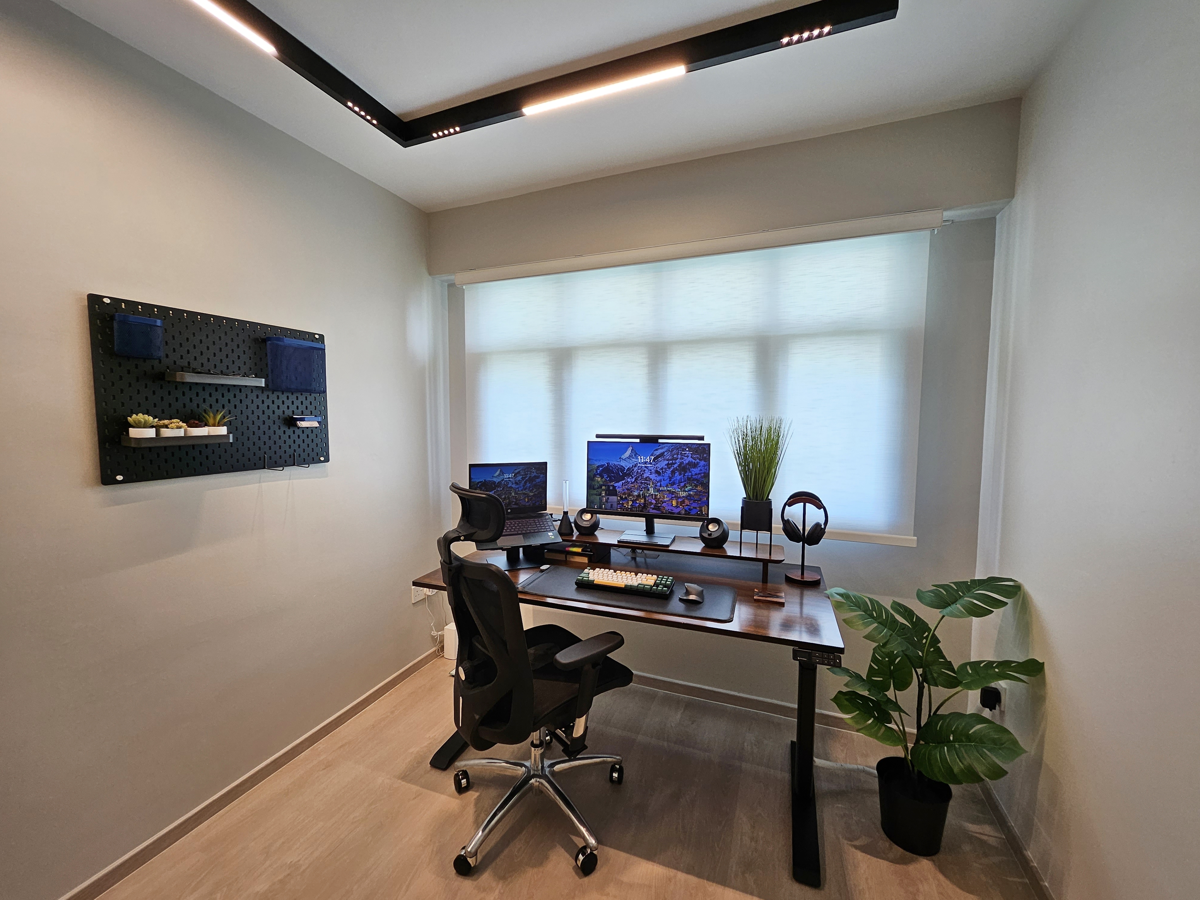 Simple & Clutter-Free Workspace - Modern workspace, minimalist design, open shelving, dual monitors, ergonomic chair, natural