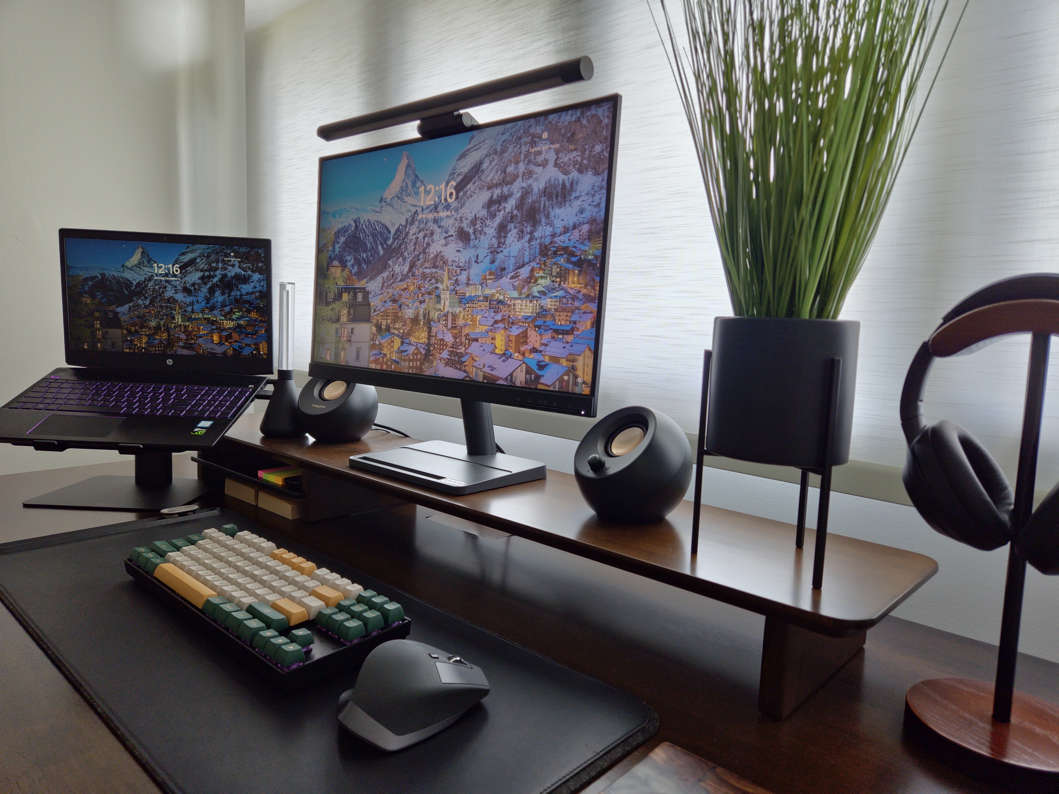 Simple & Clutter-Free Workspace - Modern workspace, sleek monitor, dual monitors, ergonomic chair, stylish keyboard, colorful