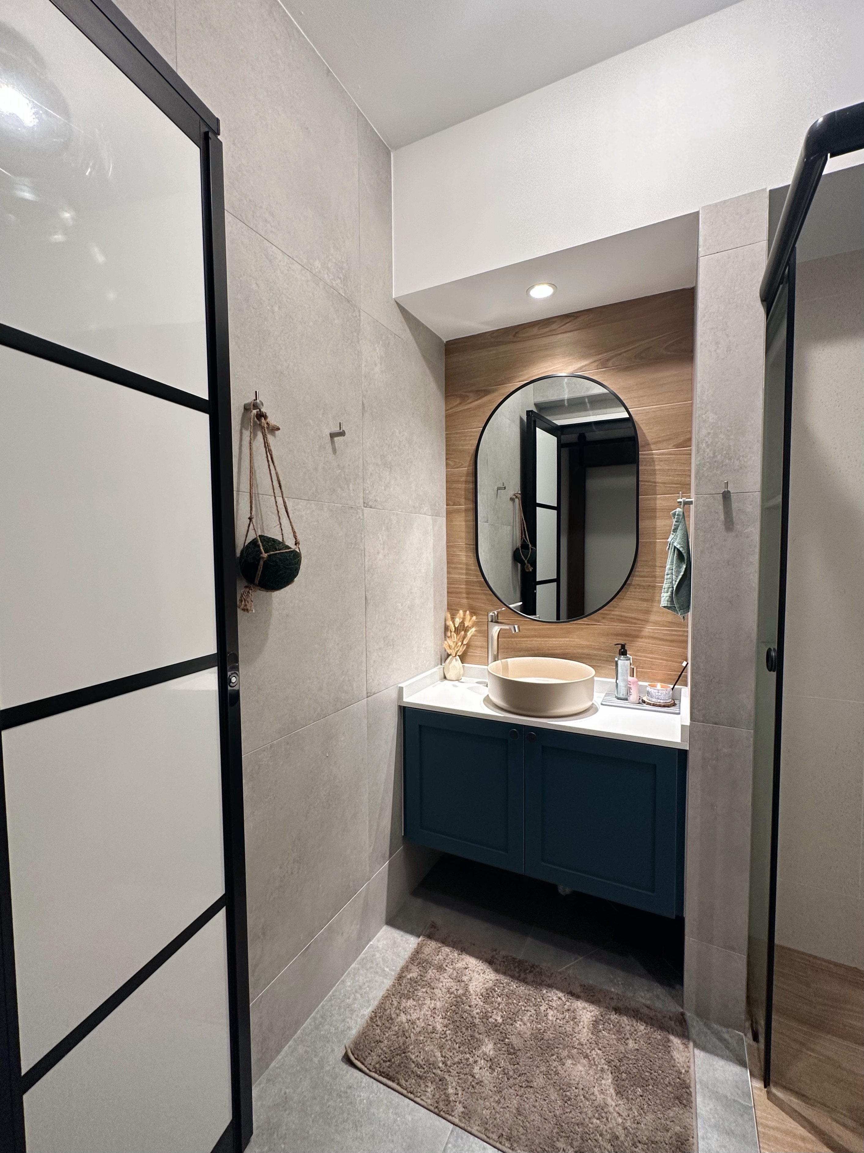 Neutral with a Pop of Colour ✨🧻 - Modern bathroom with sleek design, minimalist decor, large mirror, floating vanity