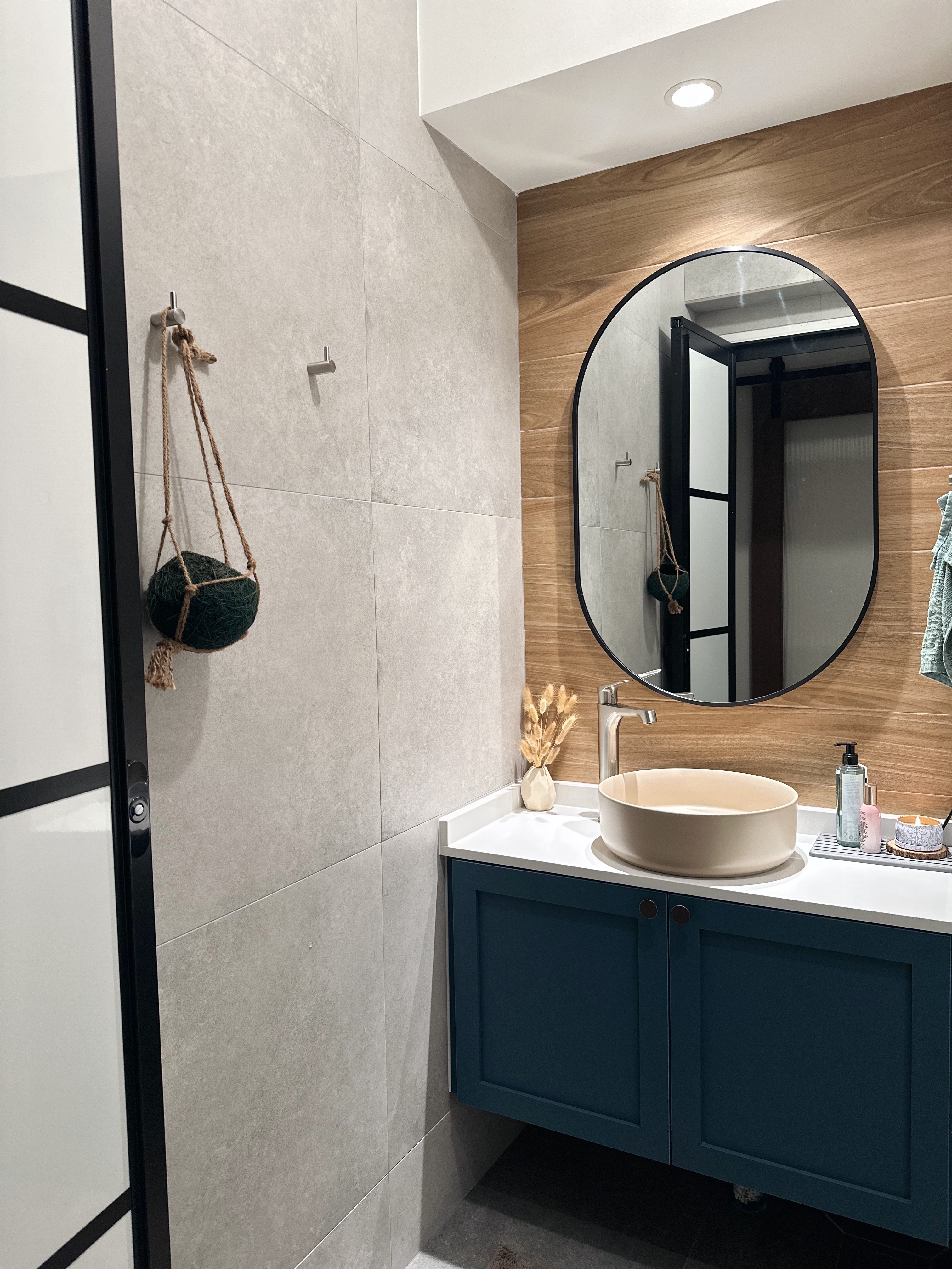 Neutral with a Pop of Colour ✨🧻 - Light gray tiled walls, modern bathroom, minimalist design, sleek fixtures, wooden accent