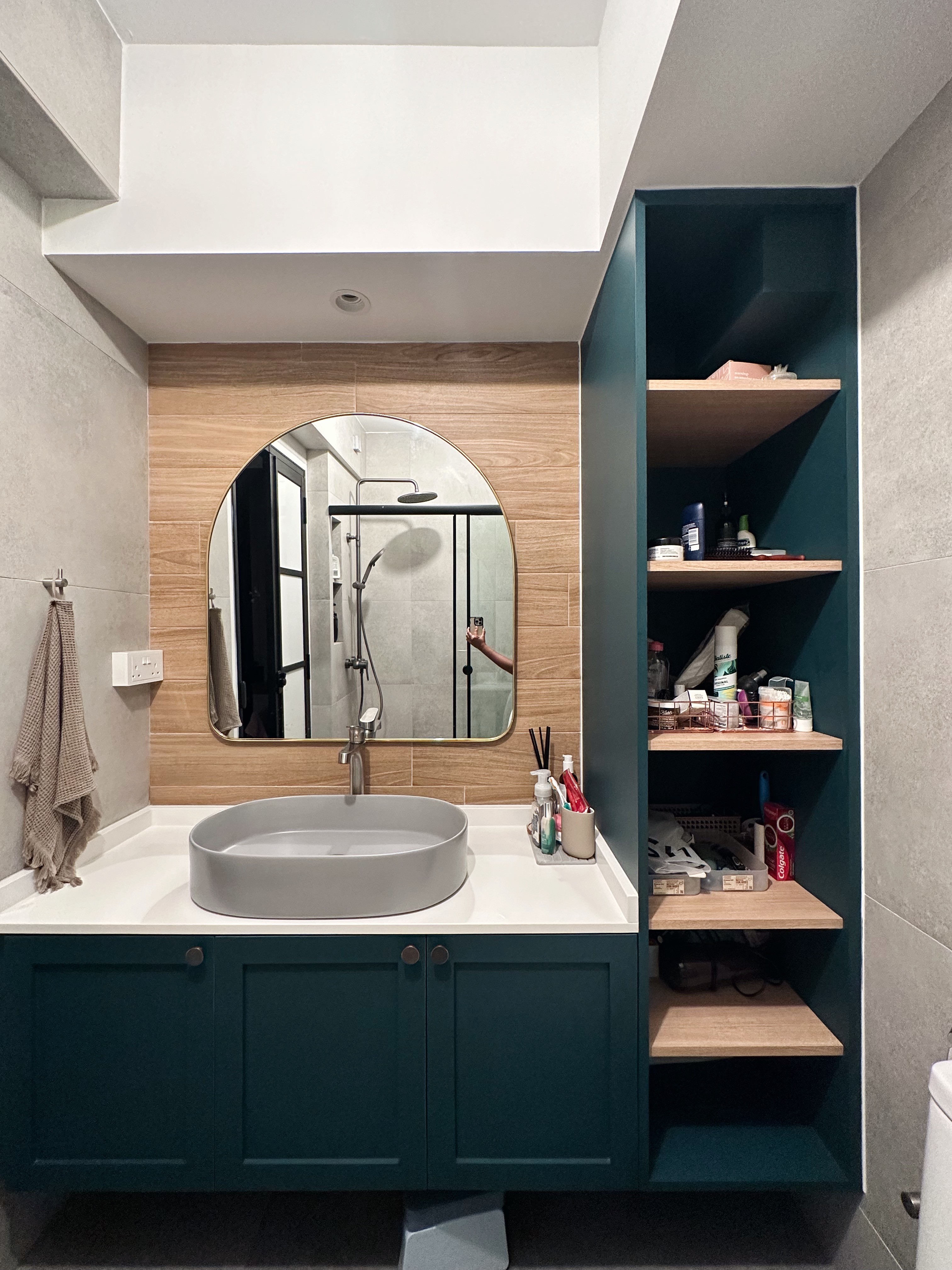 Neutral with a Pop of Colour ✨🧻 - Bathroom vanity with modern design, gray sink, wooden accents, large mirror, built-in