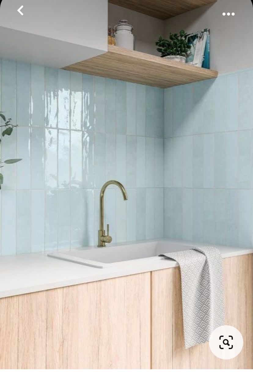 A rather uninspiring kitchen | Thoughts and reflections - Light blue tiled wall, minimalist sink, wooden cabinet, modern