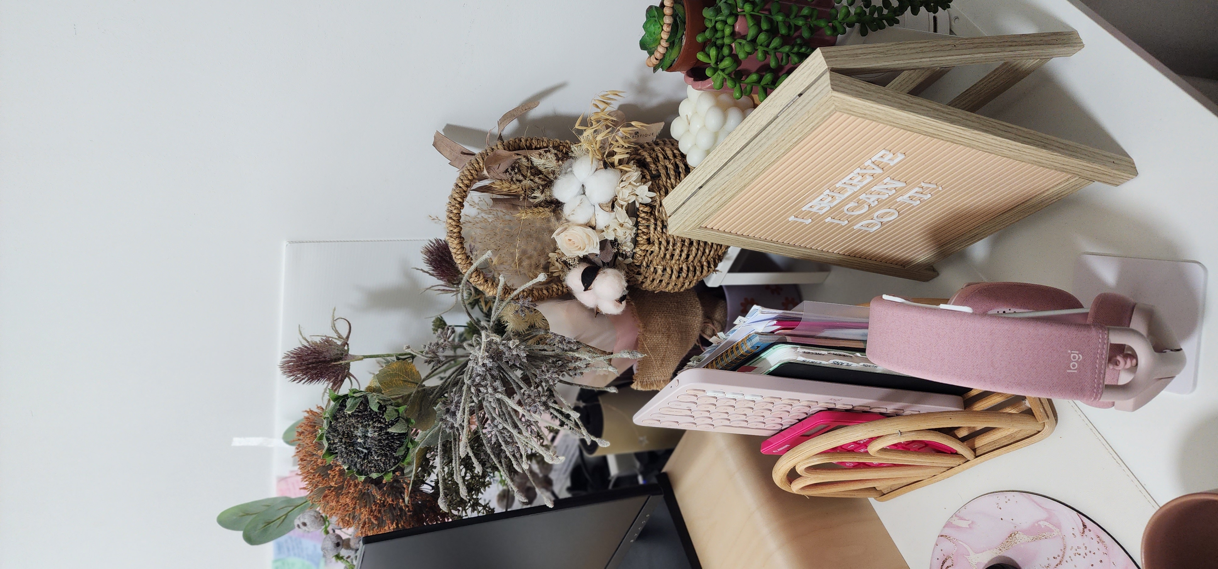 The Qurated Office - vintage rustic decor, mixed media art, natural elements, botanicals, woven basket, potted plants, wooden