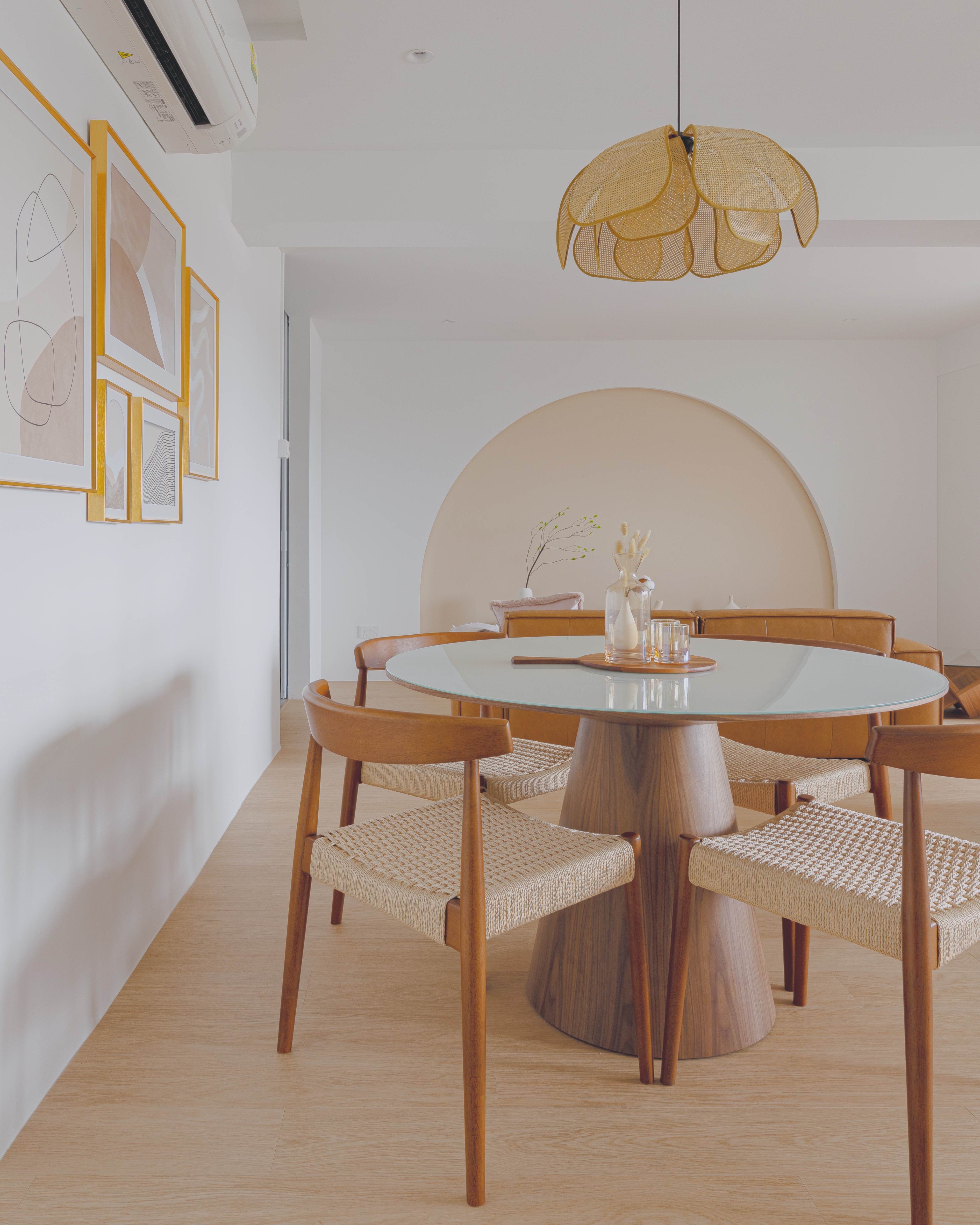 How to Create A Nordic Heaven! - Modern dining room with minimalist design, wooden dining chairs, round glass table, abstract