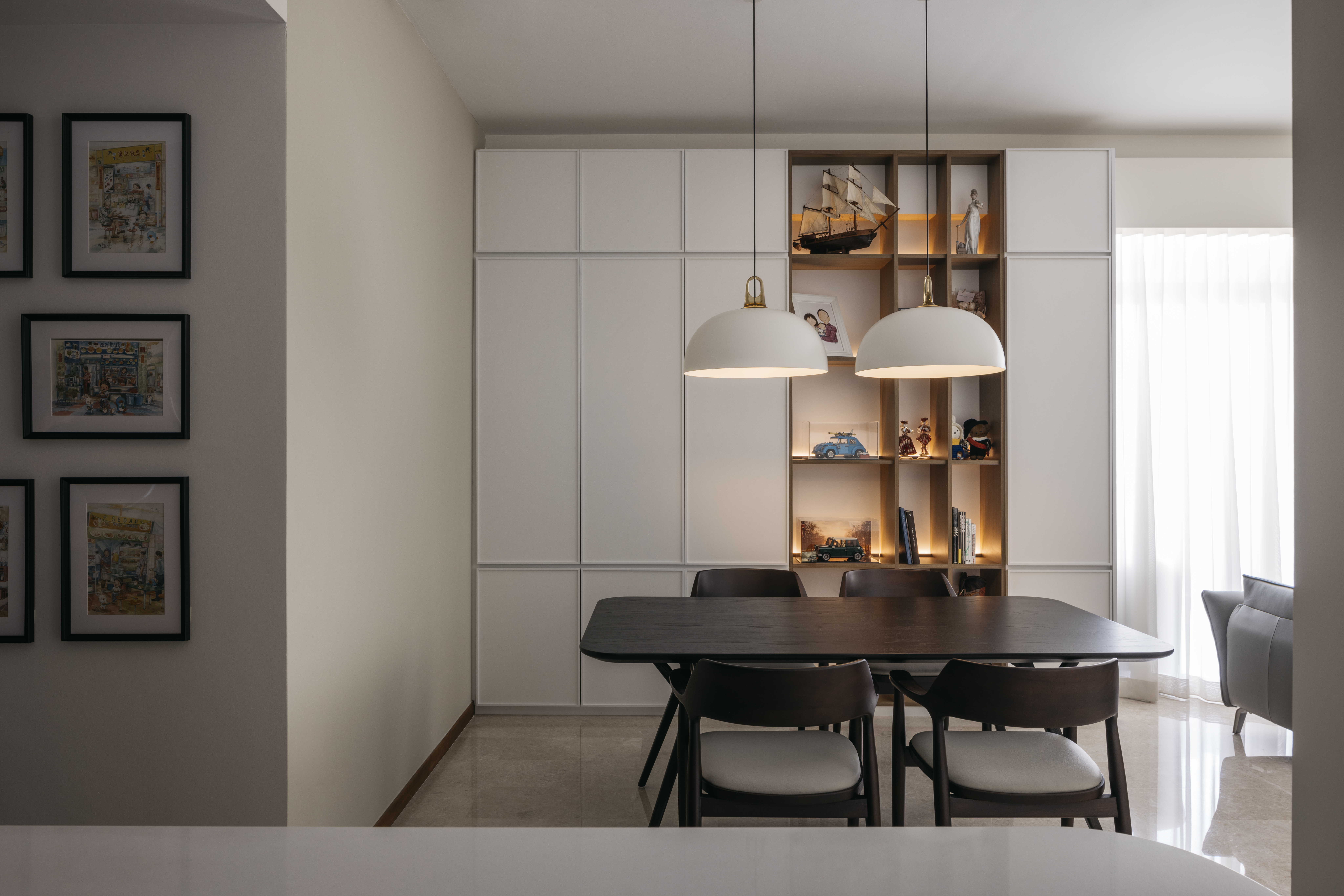 Rochelle: A hint of calmness & elegance - Modern dining room with sleek furniture, minimalist decor, large windows with sheer