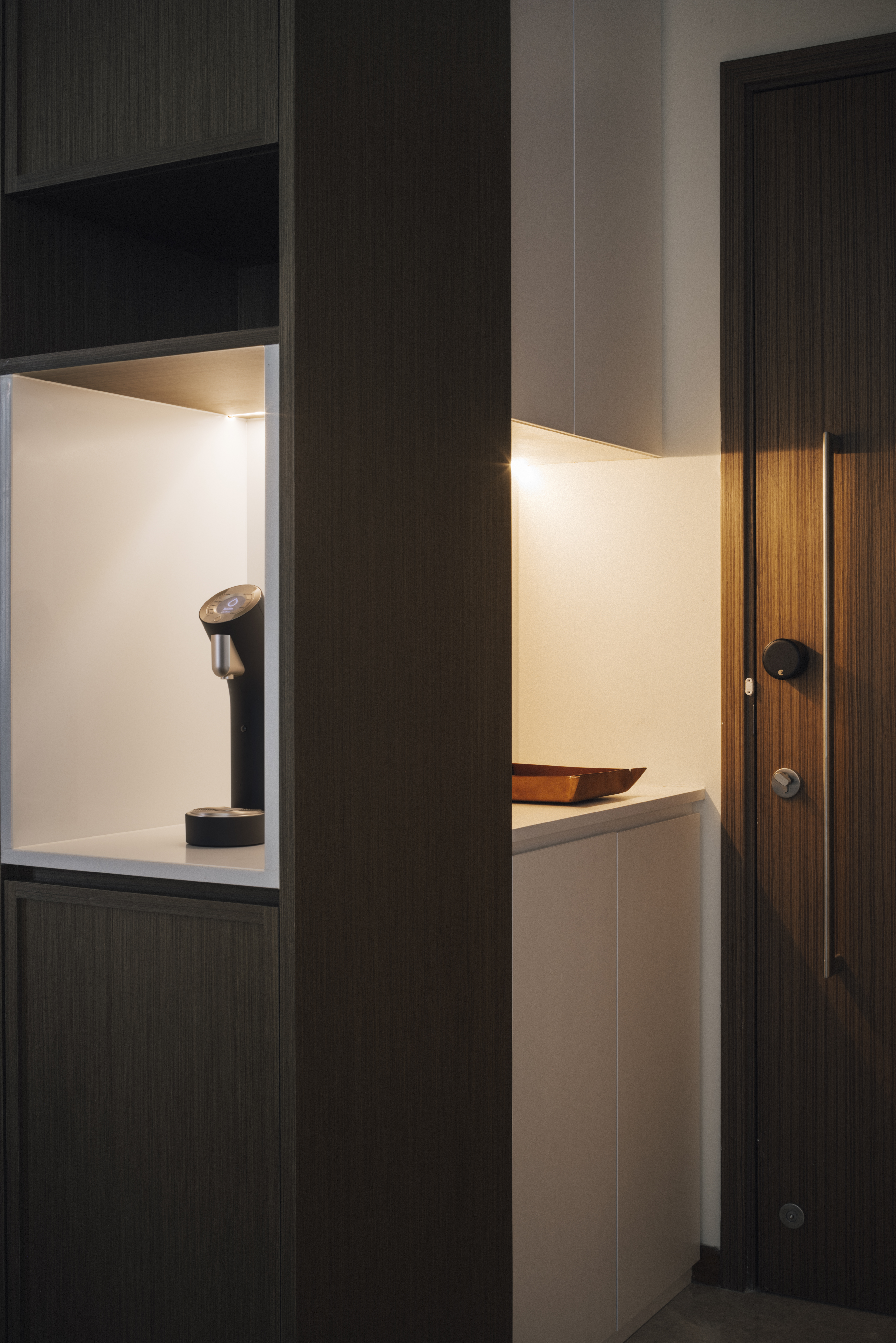 Rochelle: A hint of calmness & elegance - Modern minimalist interior, sleek black and brown shelving unit, illuminated