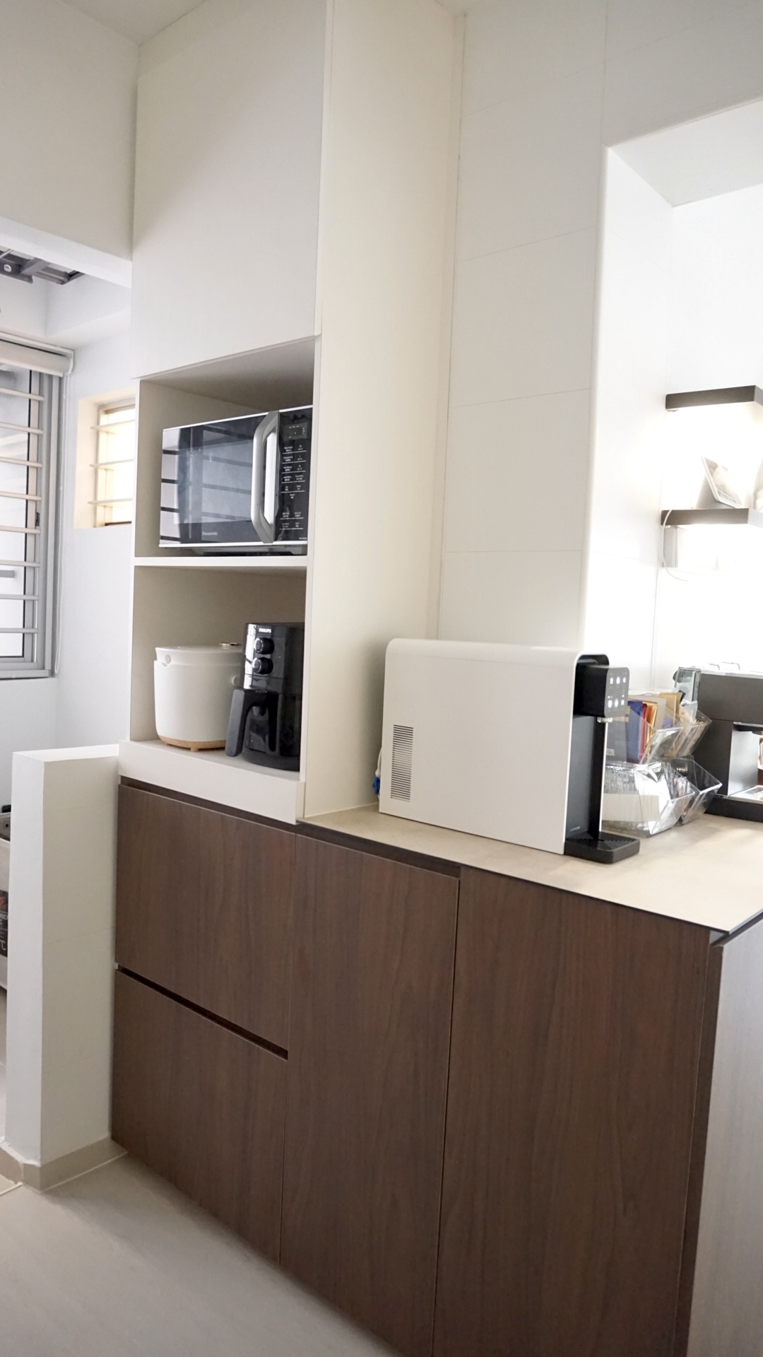 10 feet across, small but sufficiently equipped kitchen - microwave, kitchen counter, modern kitchen, cabinets, wooden