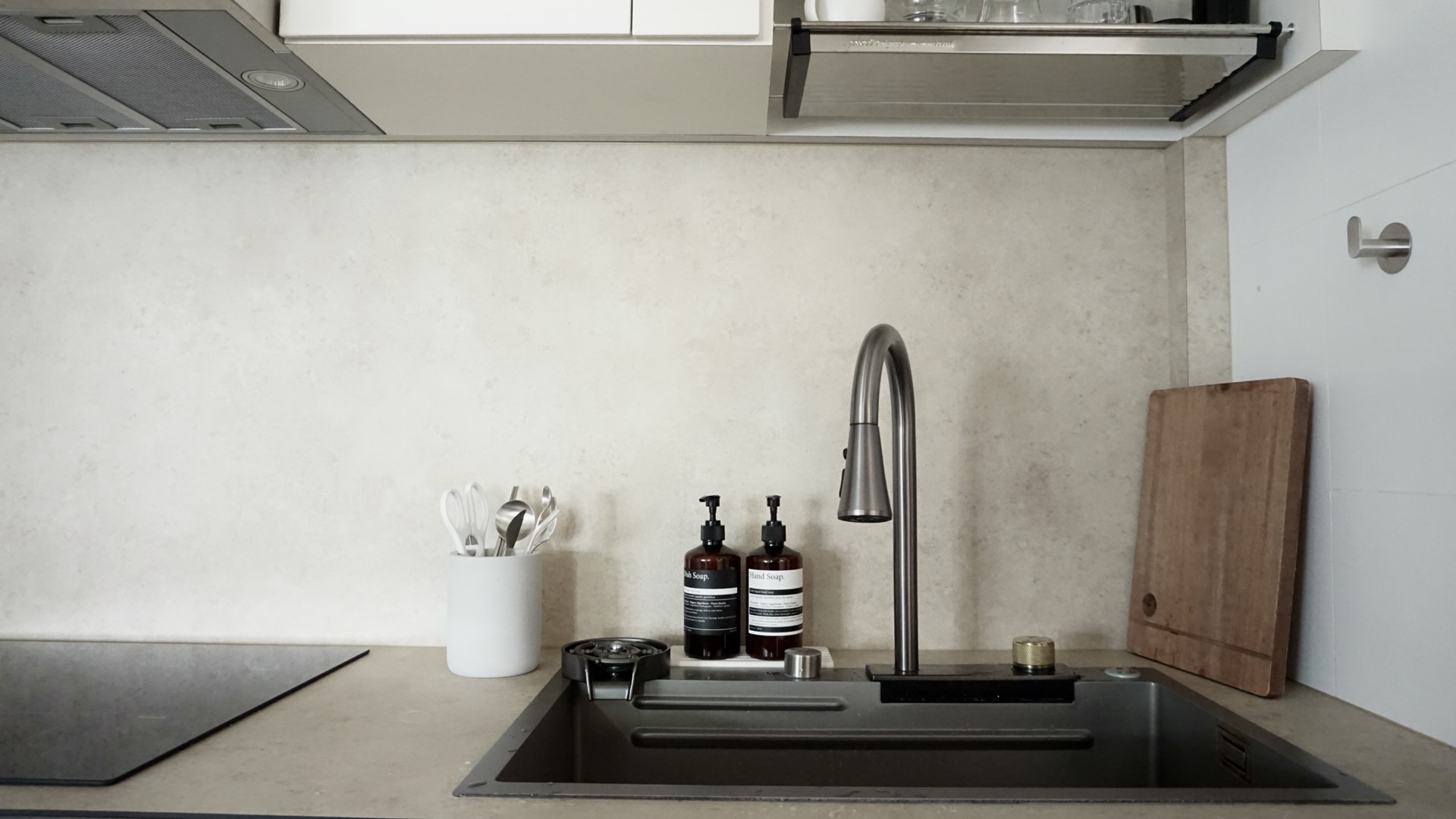 10 feet across, small but sufficiently equipped kitchen - Kitchen countertop, modern sink, stainless steel faucet, white