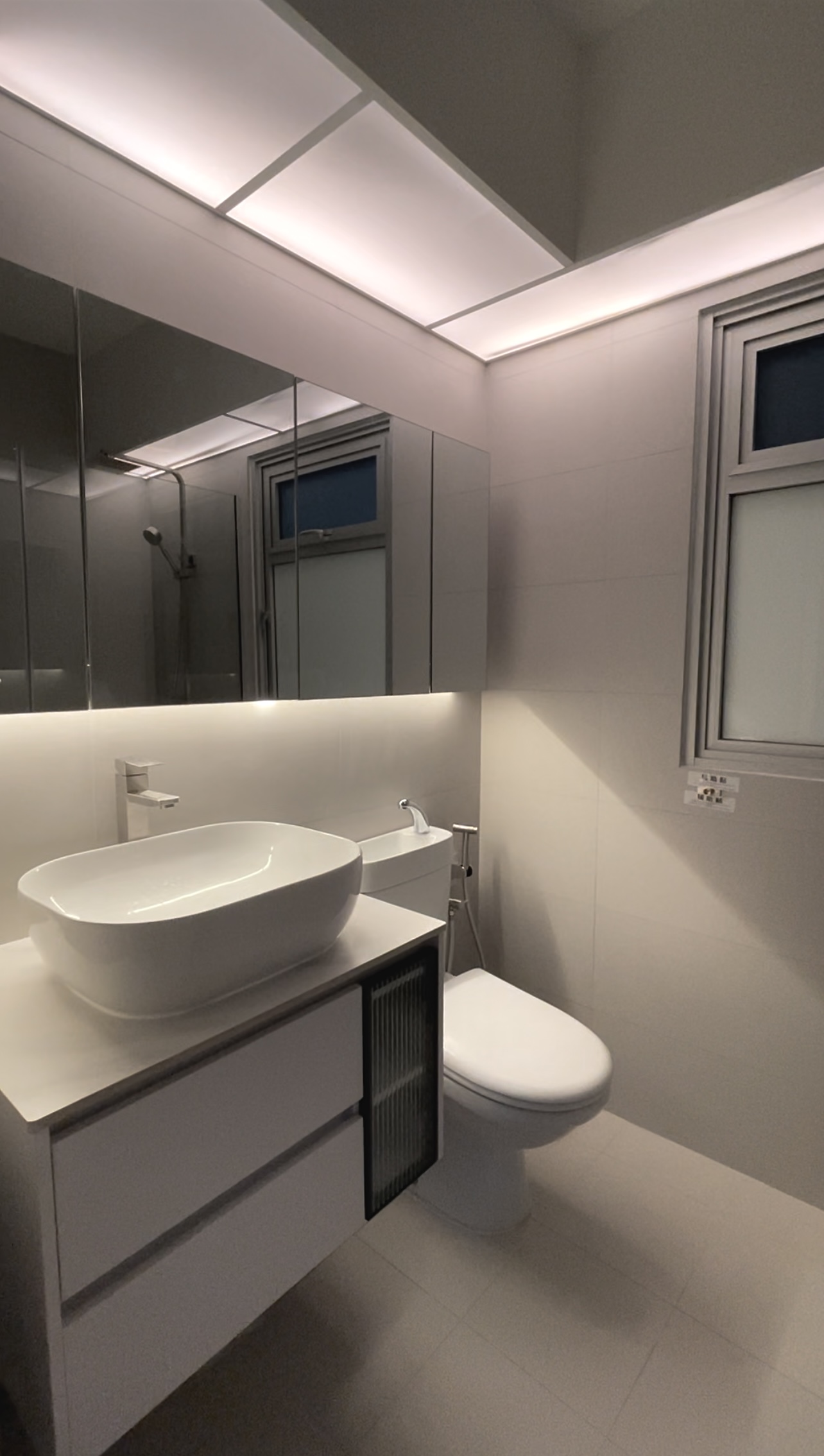 Transforming 2 bathrooms which we didn’t originally budget for - Modern minimalist bathroom, sleek vanity, large oval sink