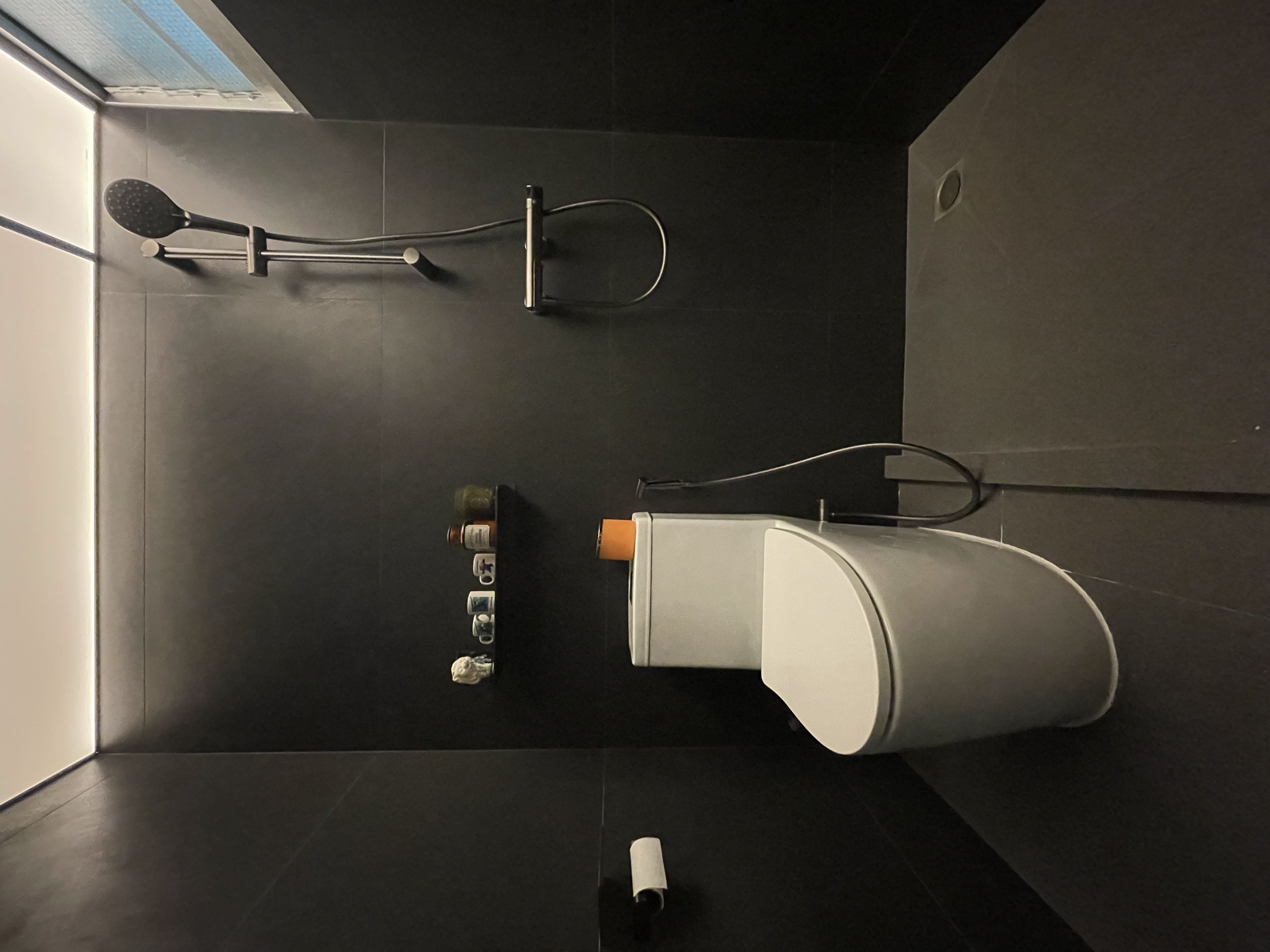 Our common toilet: The staycation villa restroom - Modern minimalist bathroom, sleek black tiles, contemporary shower