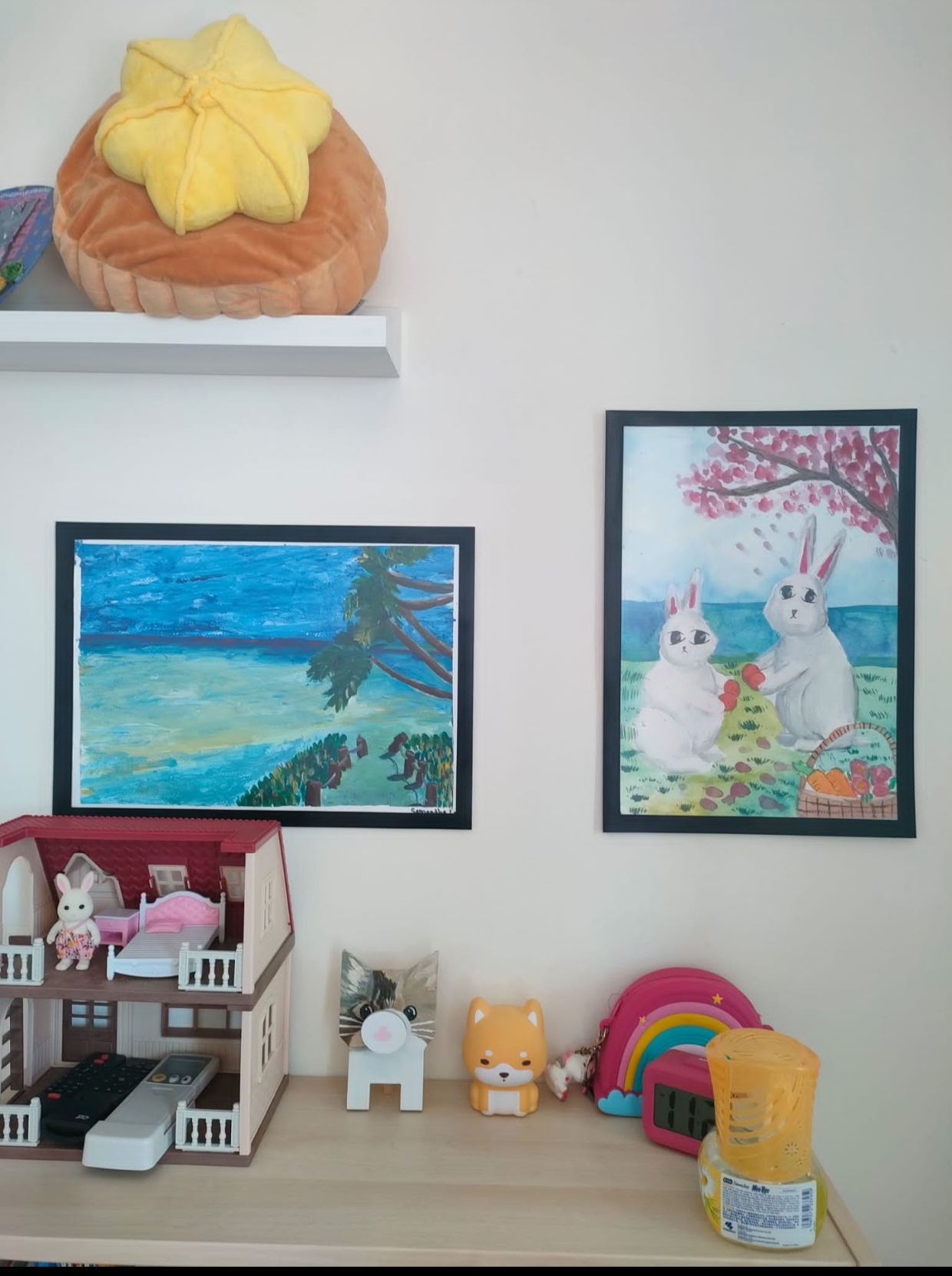 Each kid gets a bedroom!  - toy house, dollhouse, rabbit, painting, landscape, blue sky, pink flowers, white rabbit, tree