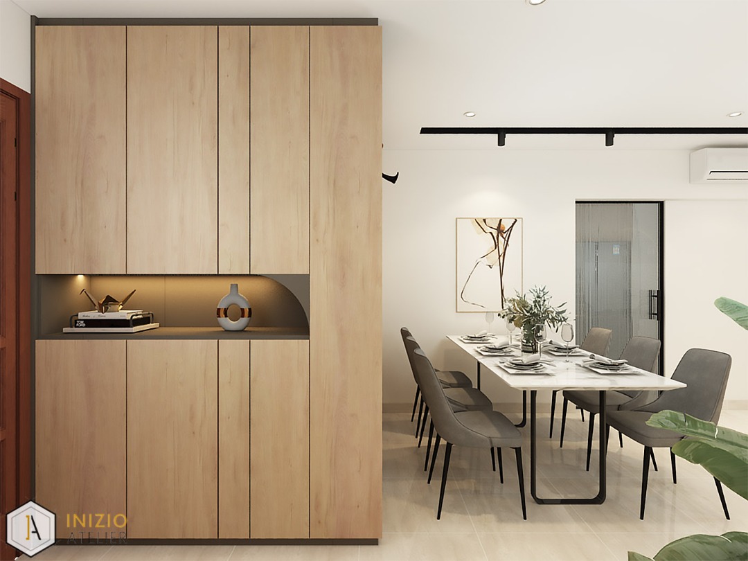 Our guests are greeted by this sight! - Wooden cabinet, minimalist design, modern dining room, sleek furniture, dining table