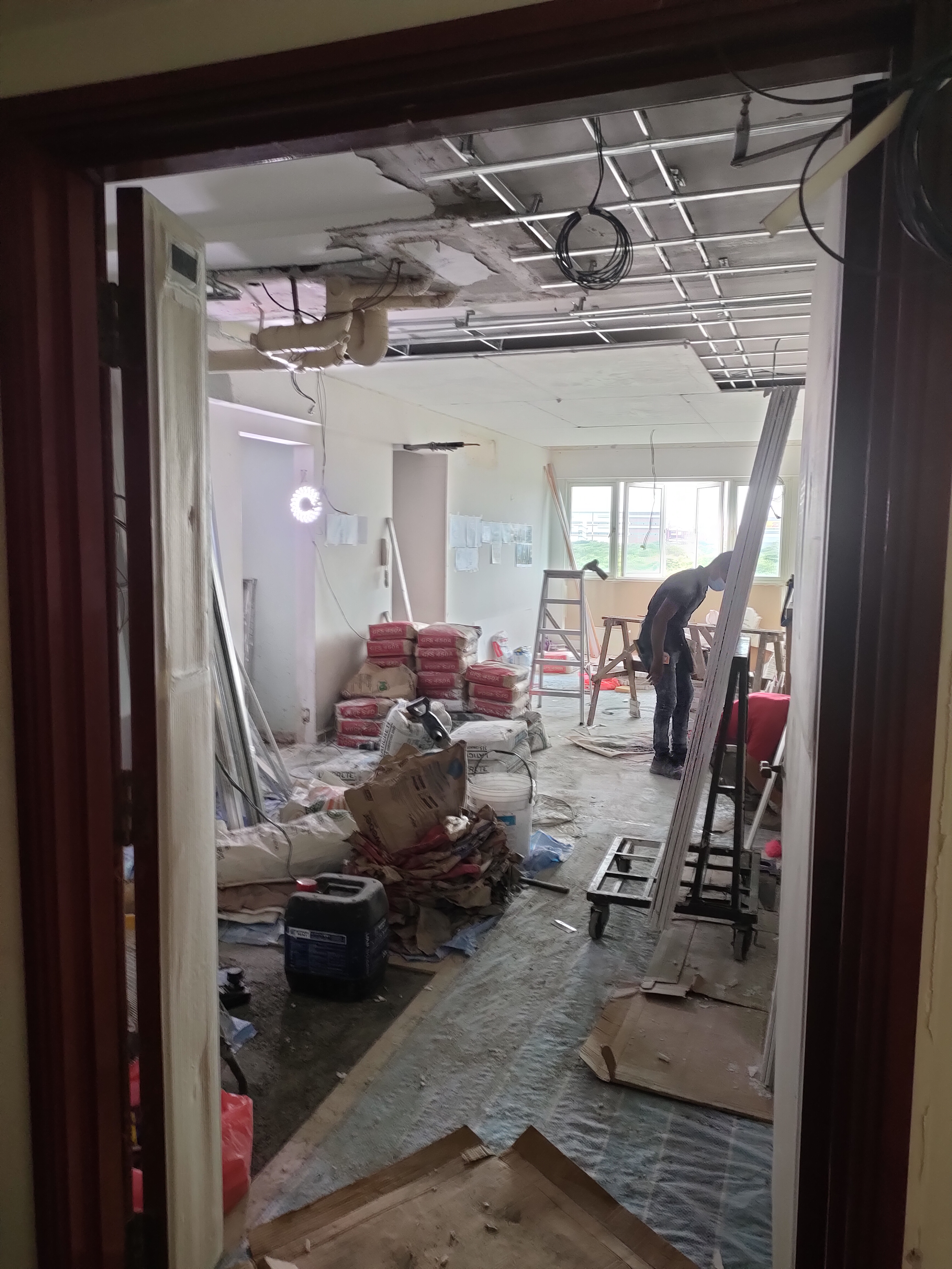 Our guests are greeted by this sight! - Construction site, renovation, unfinished room, electrical work, exposed ceiling