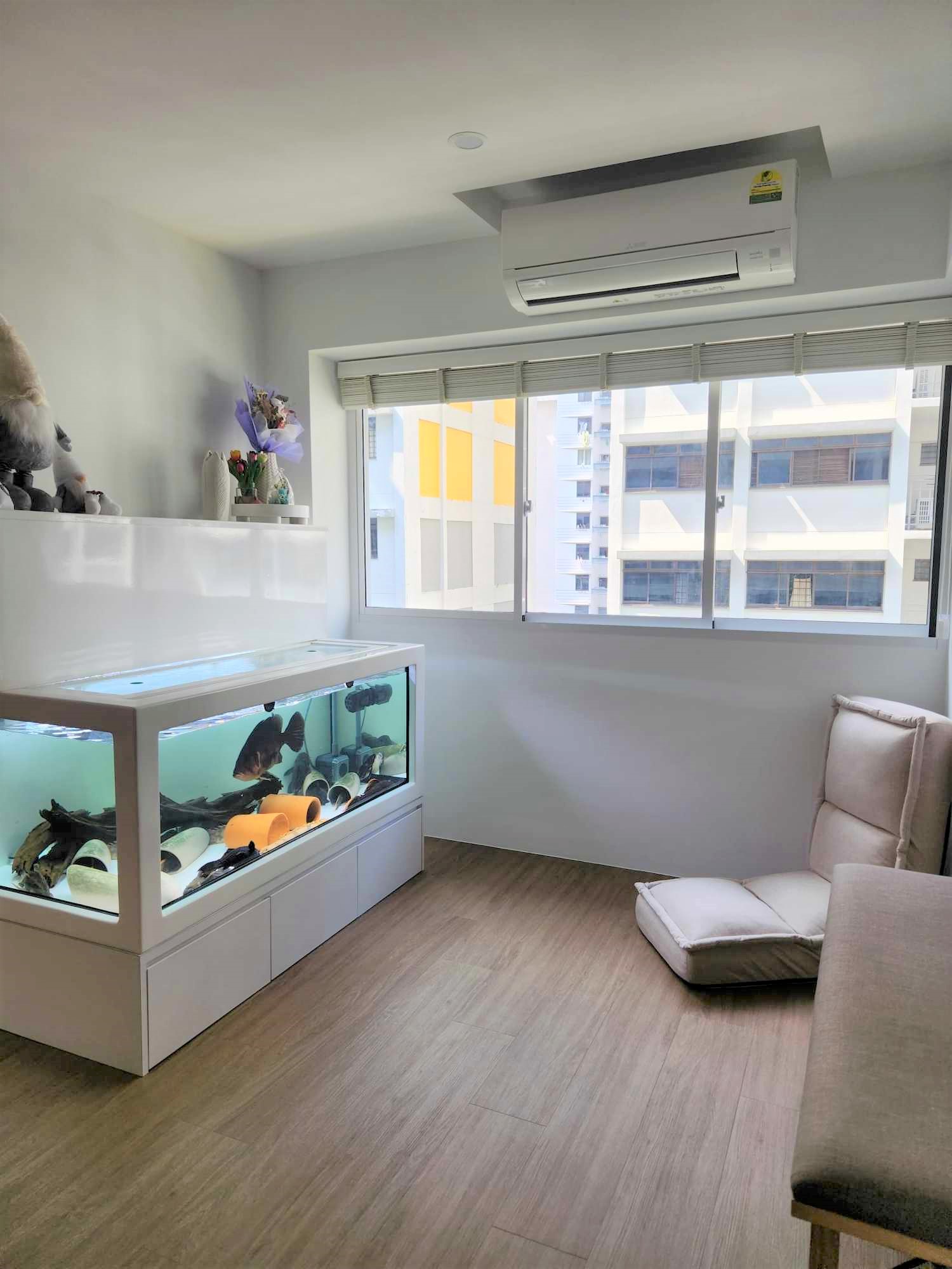 Subtle home workspace with no work from home schedule  - Modern living room, spacious room, large windows, white walls