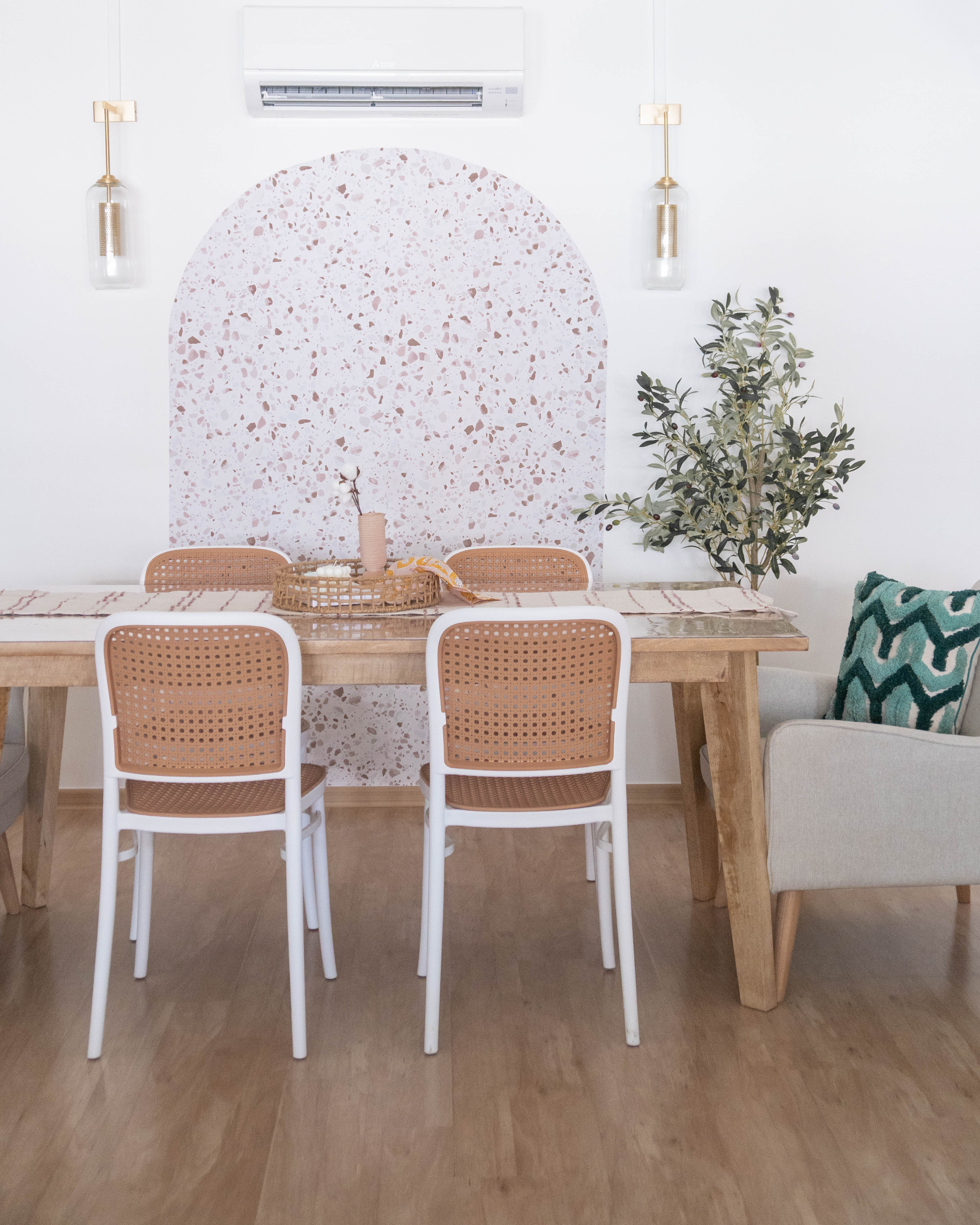 Modern Farmhouse Kitchen & Dining - Modern dining room with wooden table and chairs, white walls, decorative plants, abstract
