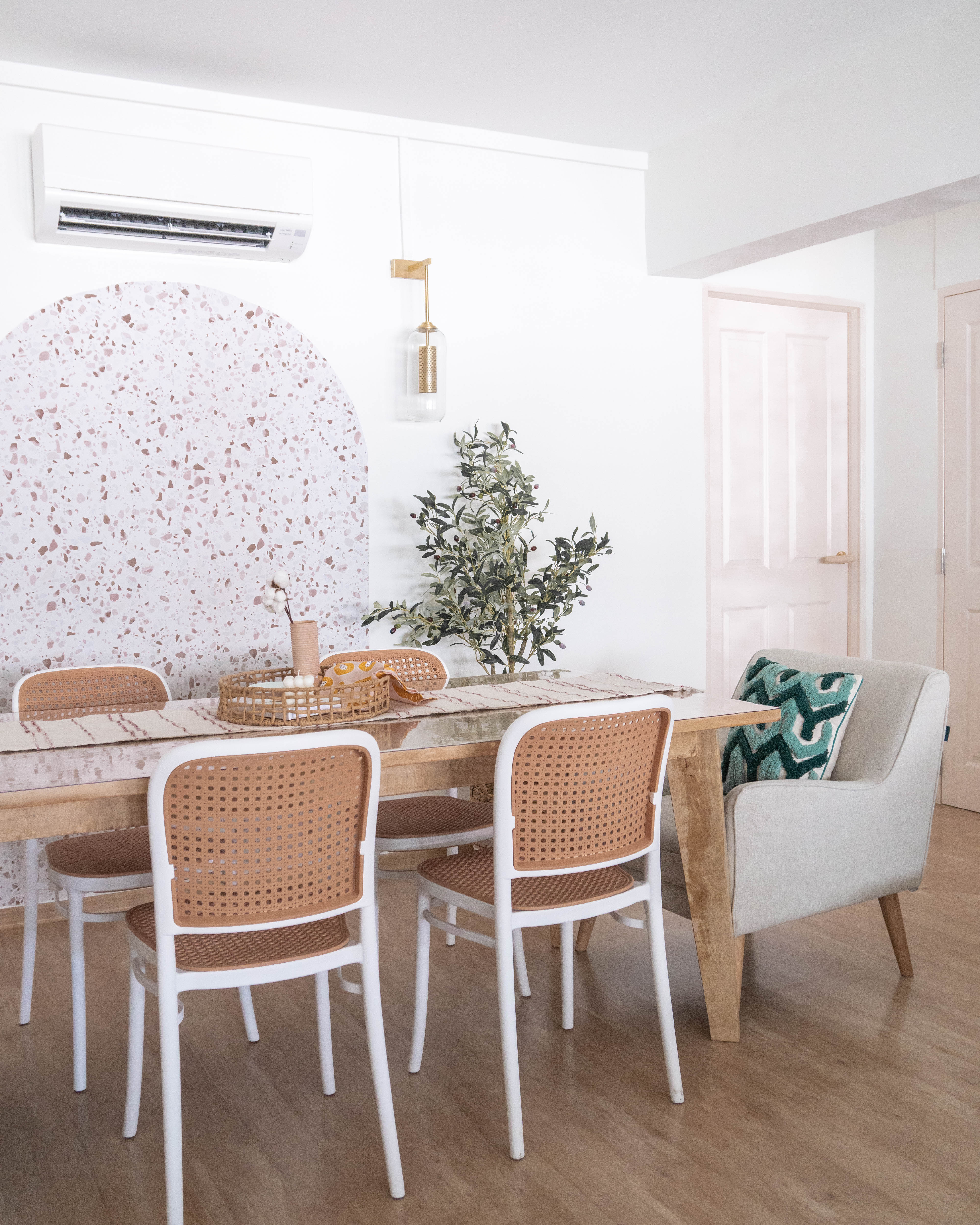Modern Farmhouse Kitchen & Dining - Modern dining room with white walls, wooden floor, and light beige furniture. Elegant