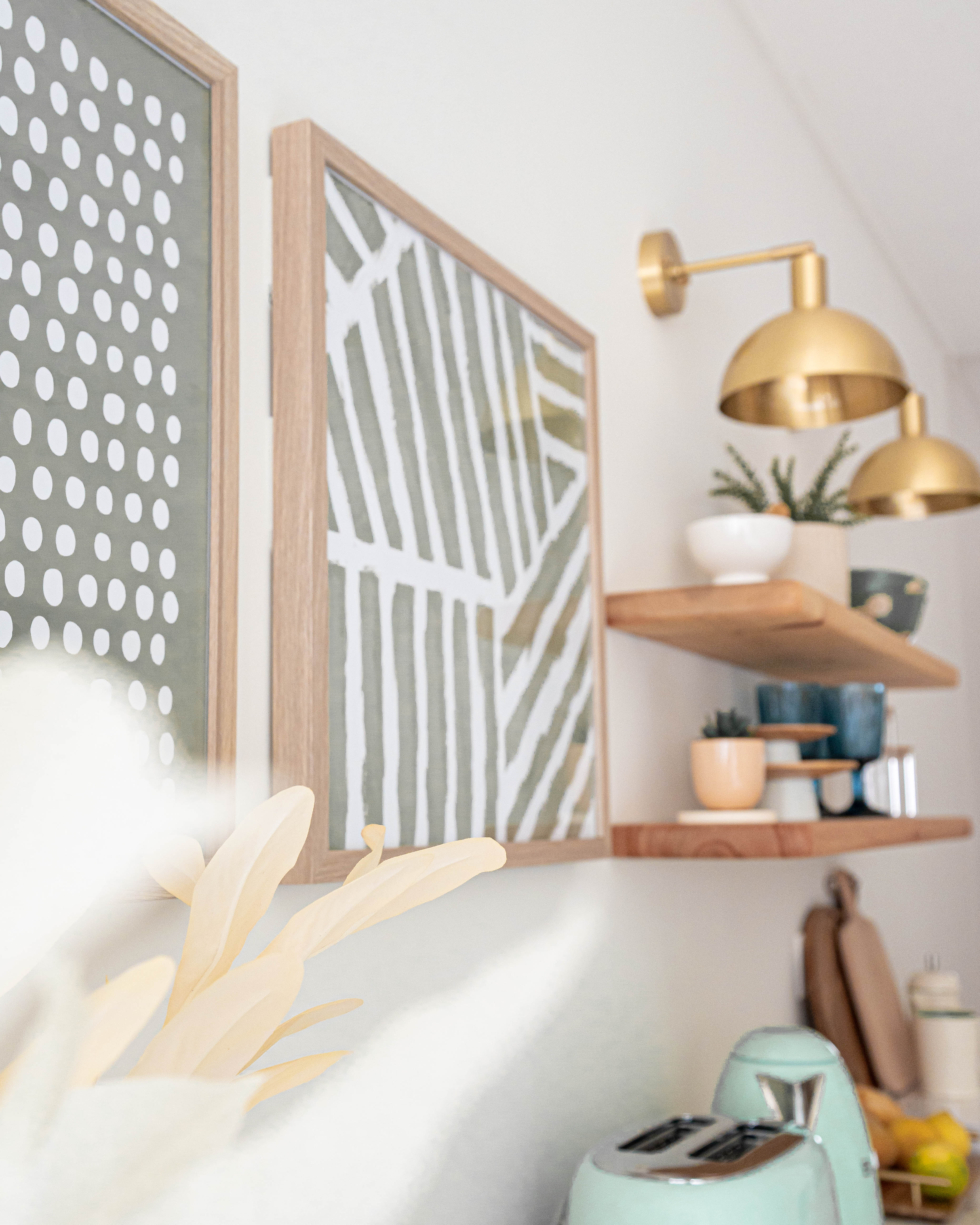 Modern Farmhouse Kitchen & Dining - polished wooden shelf, modern kitchen, pastel green toaster, wooden cabinets, abstract