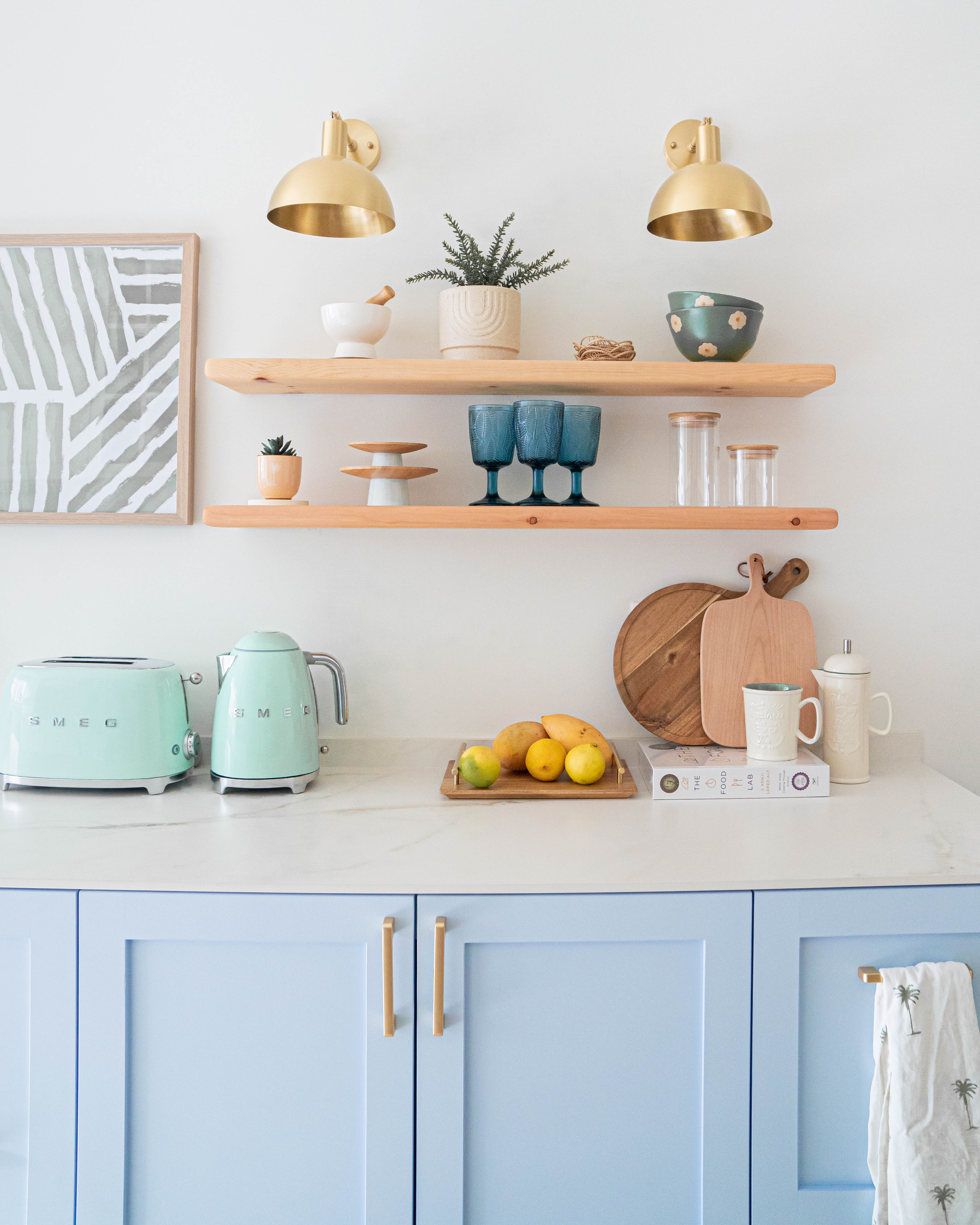 Modern Farmhouse Kitchen & Dining - Light blue kitchen cabinets, minimalist design, modern aesthetic, white countertop