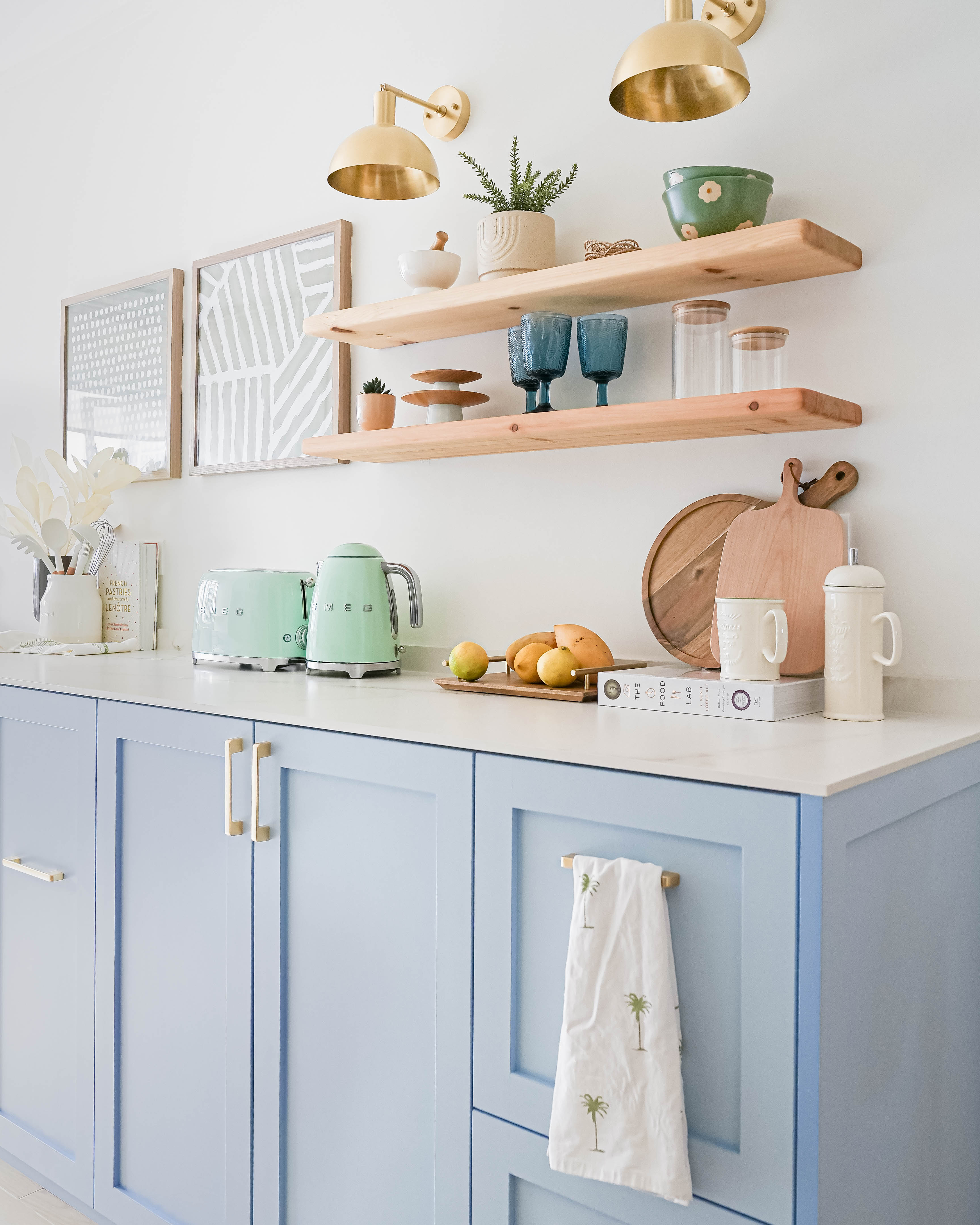 Modern Farmhouse Kitchen & Dining - Light blue kitchen cabinetry, minimalist design, modern aesthetic, white countertops