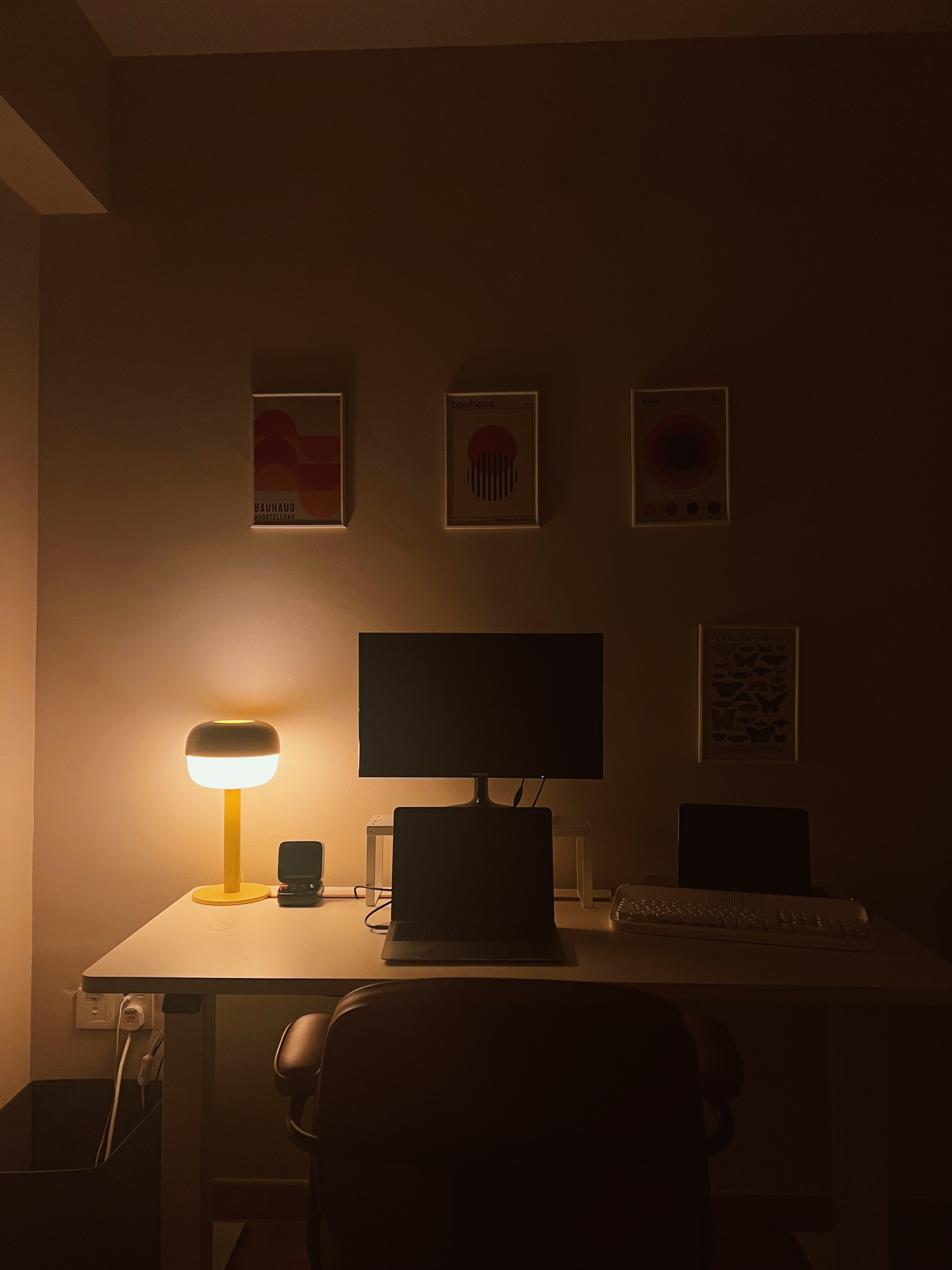 Cubicle Who?: A WFH Space - dimly lit workspace, cozy desk, modern desk setup, ergonomic chair, laptop on desk, keyboard and