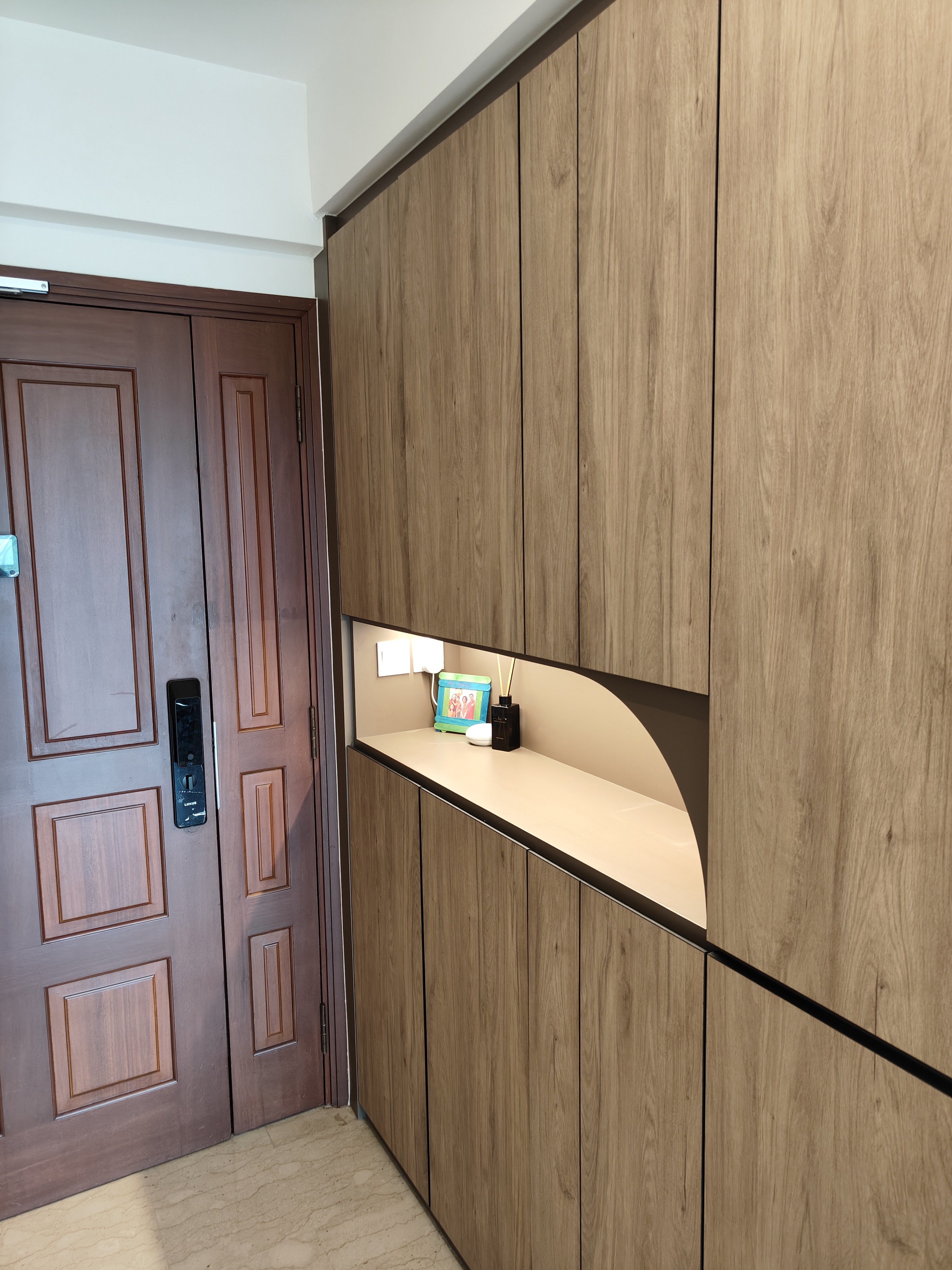 Our guests are greeted by this sight! - Wooden door, wooden cabinet, wooden panel, wooden wall, wooden door handle, wooden