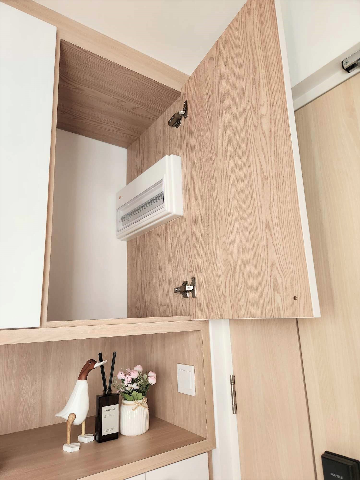 Hidden settee in our entry way  - Wooden cabinet, open shelf, white air conditioner, minimalist design, light wood finish
