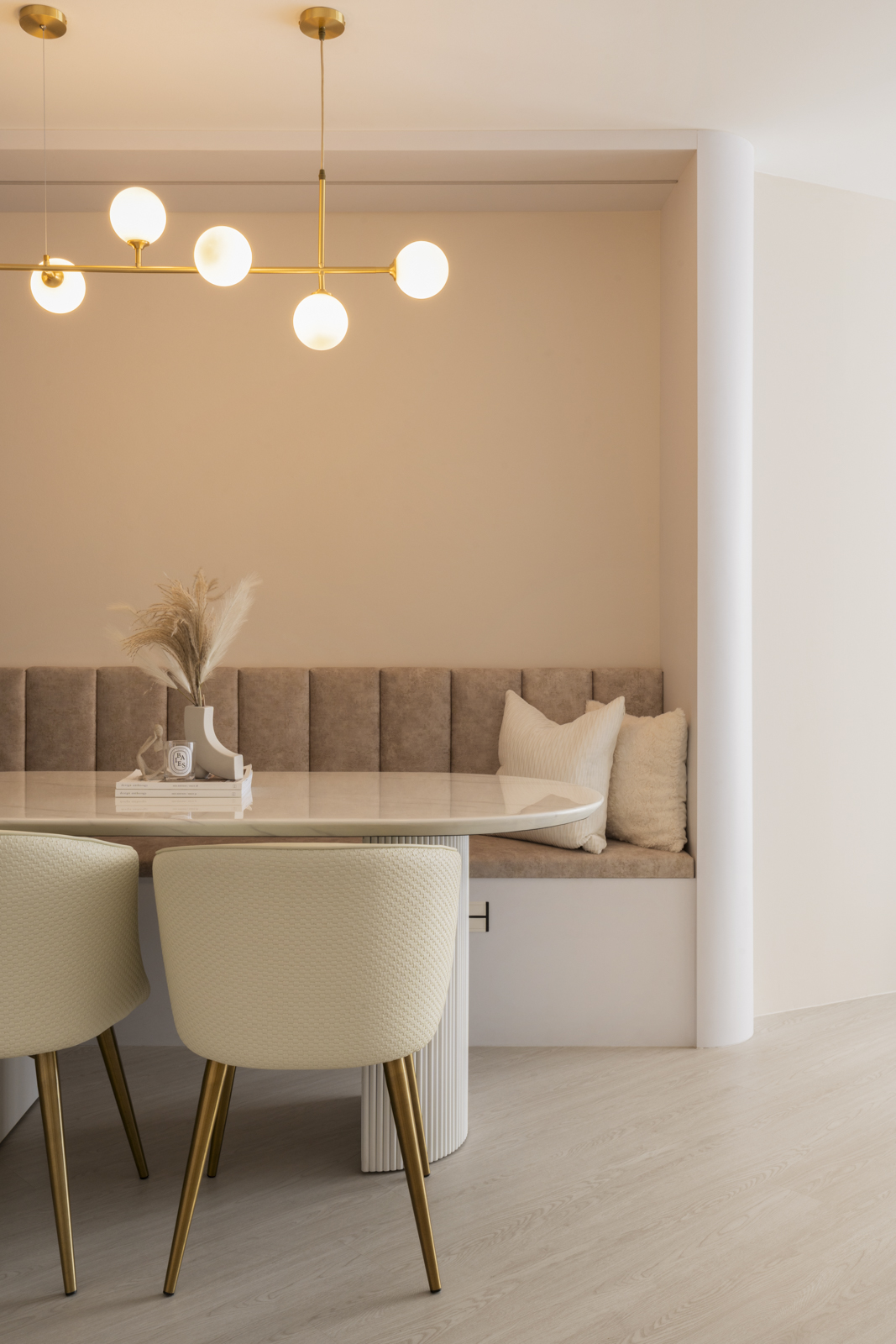 Embracing White Minimalism for Clean Aesthetics - Modern dining room with minimalist design, beige and white color scheme