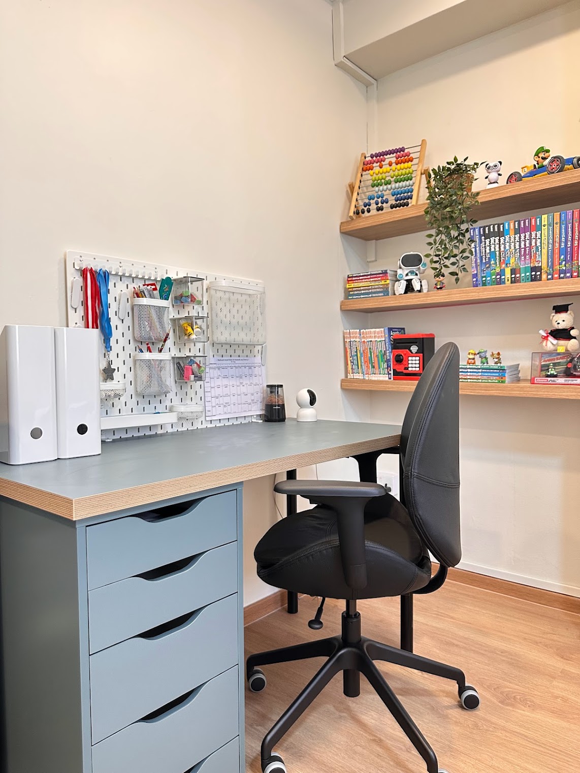A Super Mario wonderland  - Organized workspace, modern desk, ergonomic chair, whiteboard organizer, colorful alphabet beads