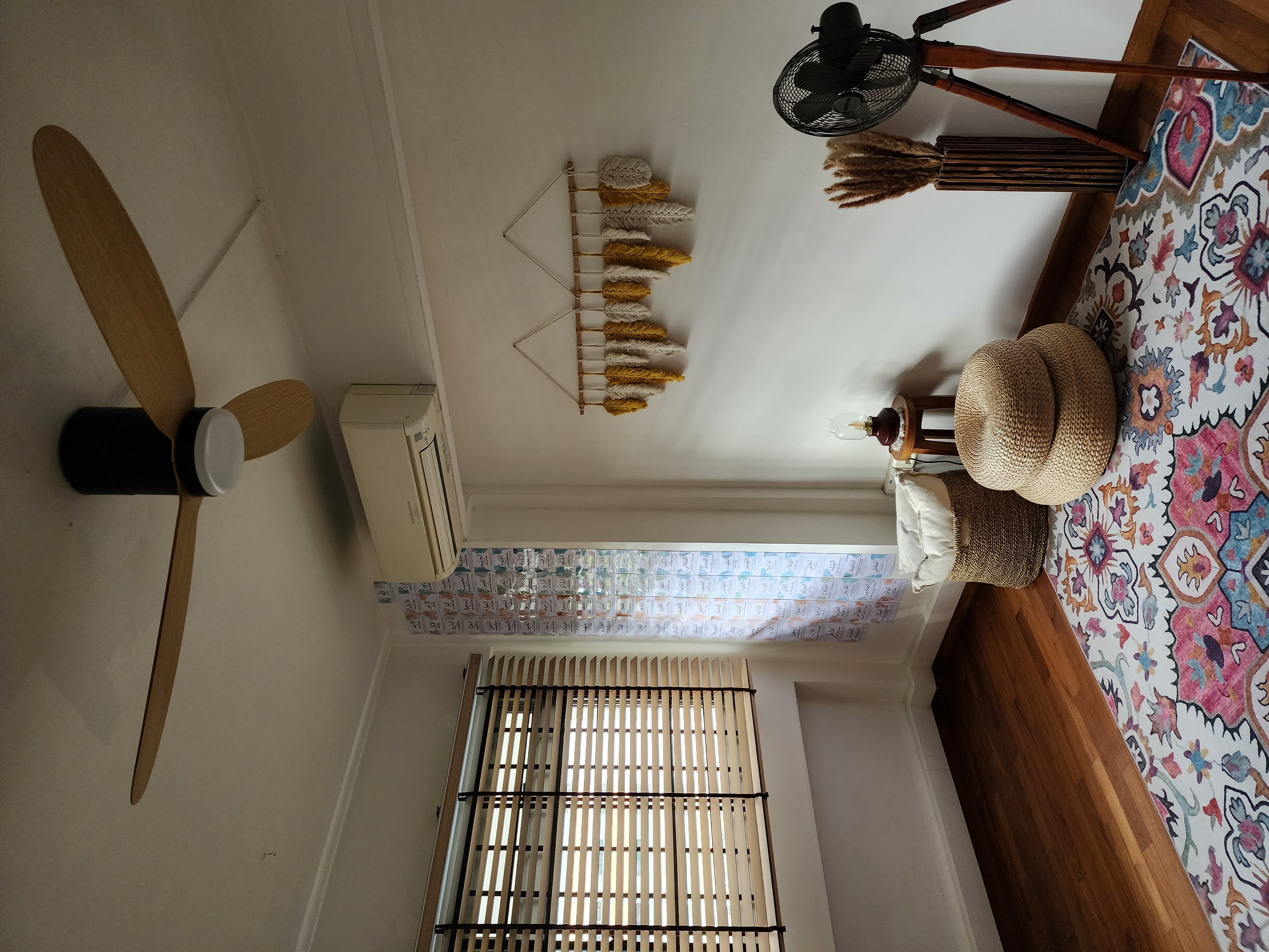 Chillax multi-purpose room - ceiling fan, ceiling fan blades, wooden ceiling fan, white wall, air conditioning unit
