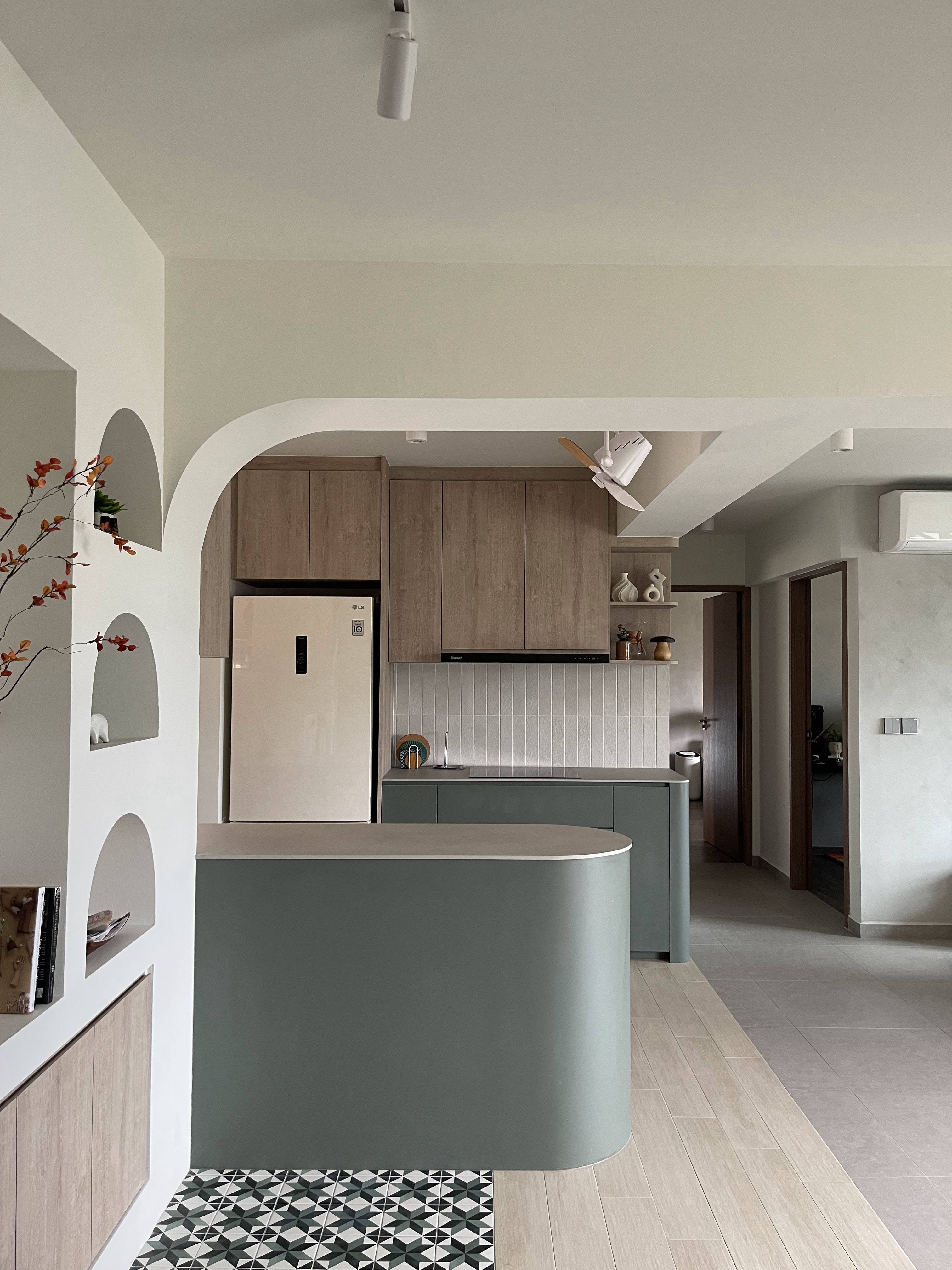 An Open-concept Galley Kitchen + Service Yard - Modern kitchen with sleek design, minimalist decor, neutral color palette