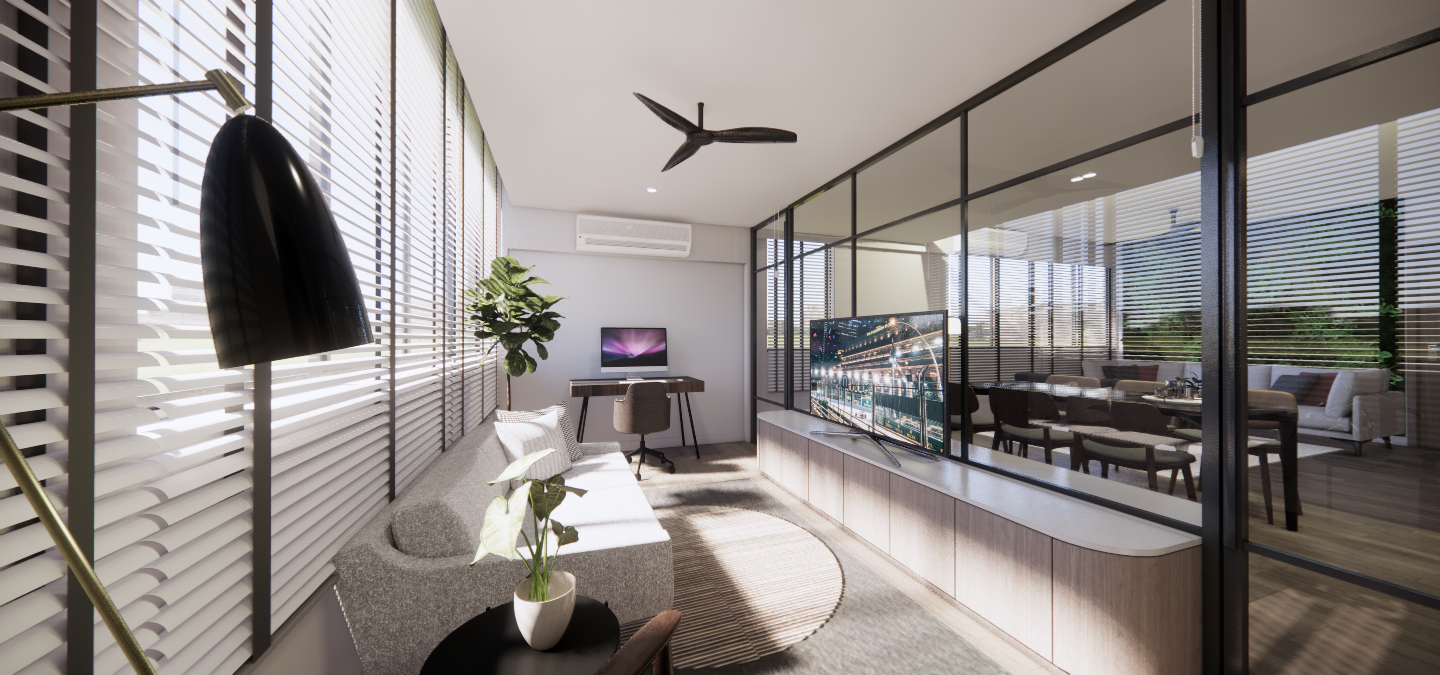 A Bright and Elegant Open Plan Home - Modern living room with large windows, floor-to-ceiling blinds, sleek furniture, indoor