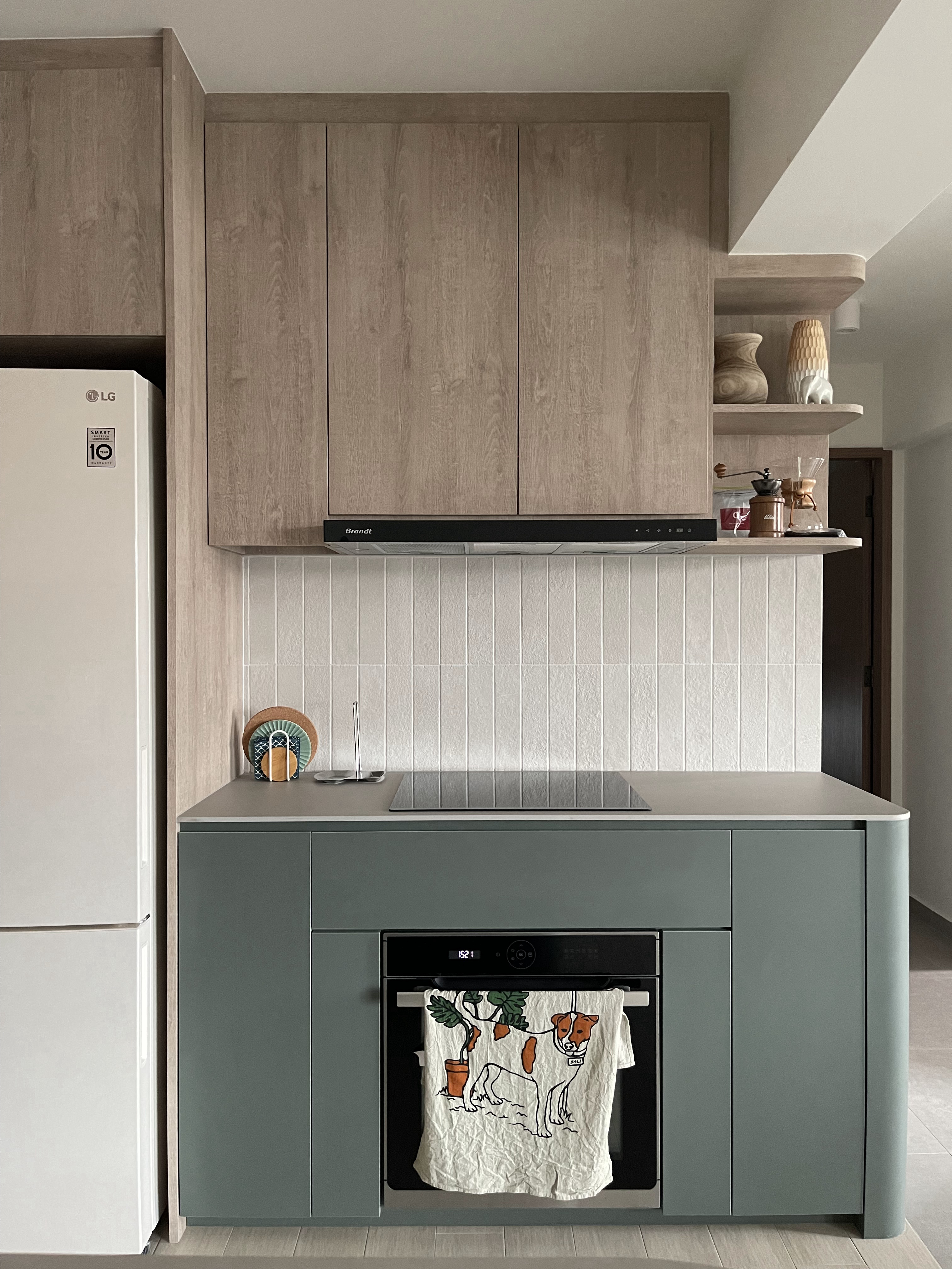 An Open-concept Galley Kitchen + Service Yard - Wooden cabinetry, modern kitchen, stainless steel range hood, white