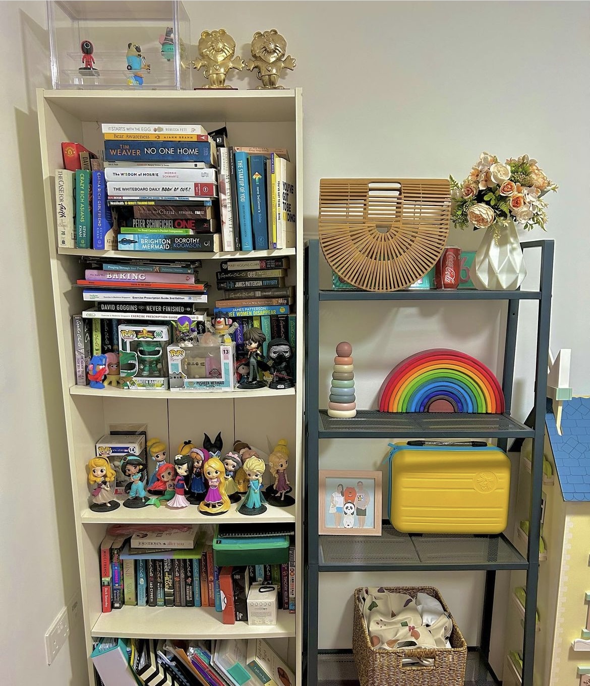 A study in a multi-functional room  - Bookshelf, colorful books, figurines, toys, children's books, puzzles, decorative