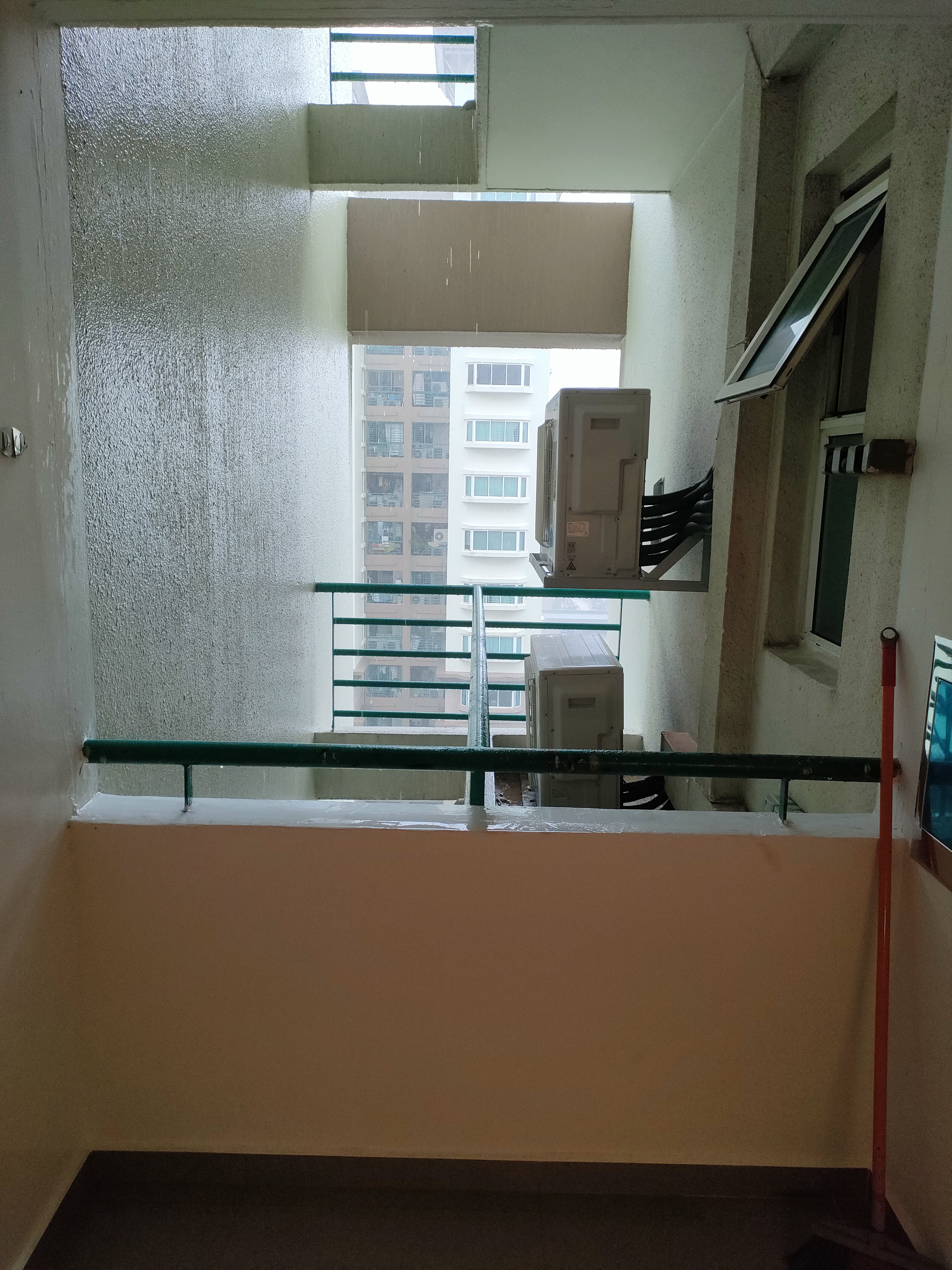 Our HOME has endless LOVE and LAUNDRY.... - Glass window, balcony railing, green handrail, air conditioning units