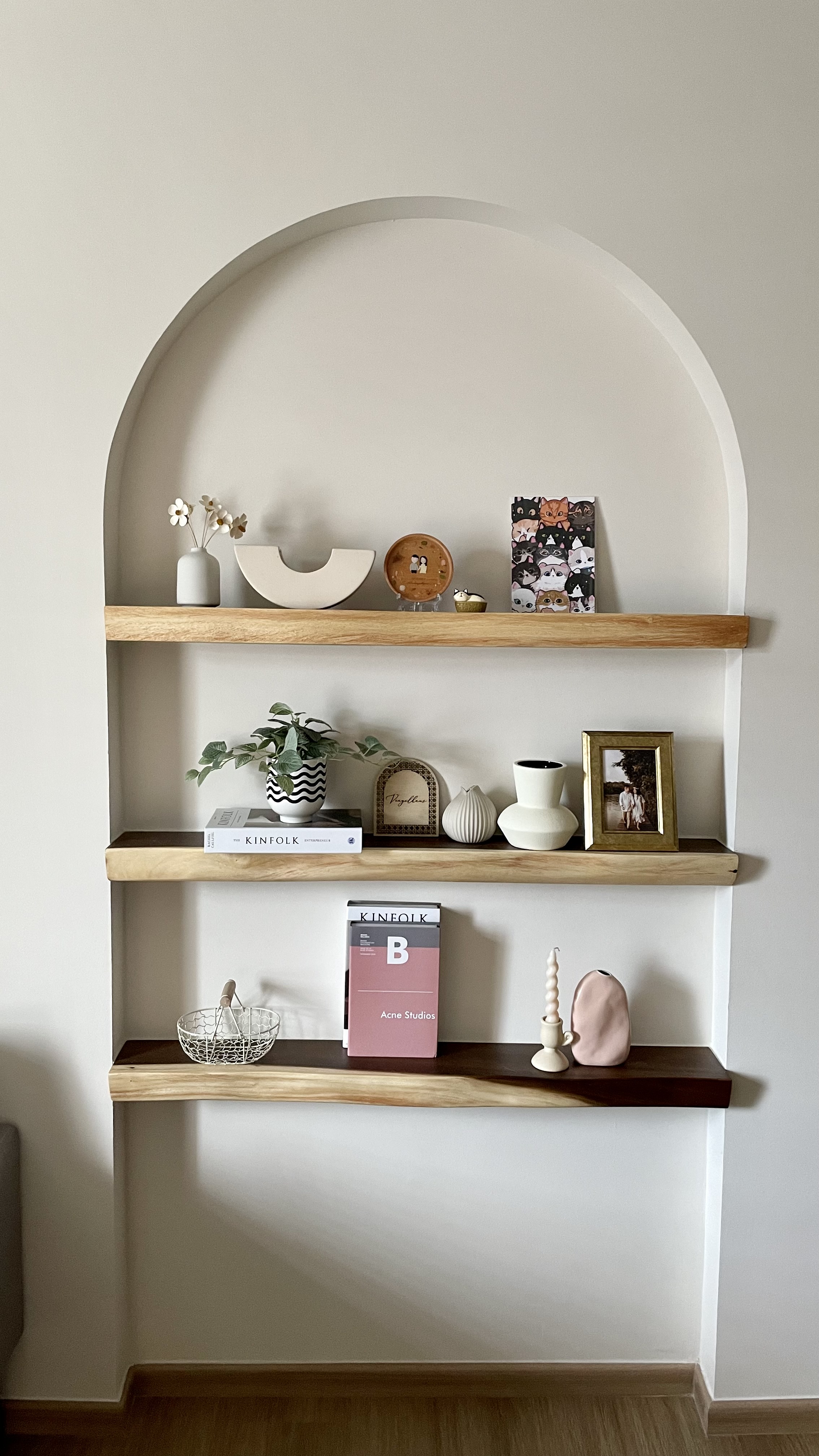 Juzz up your home with affordable aesthetic decor pieces - Wooden shelves, minimalist decor, neutral color palette, soft