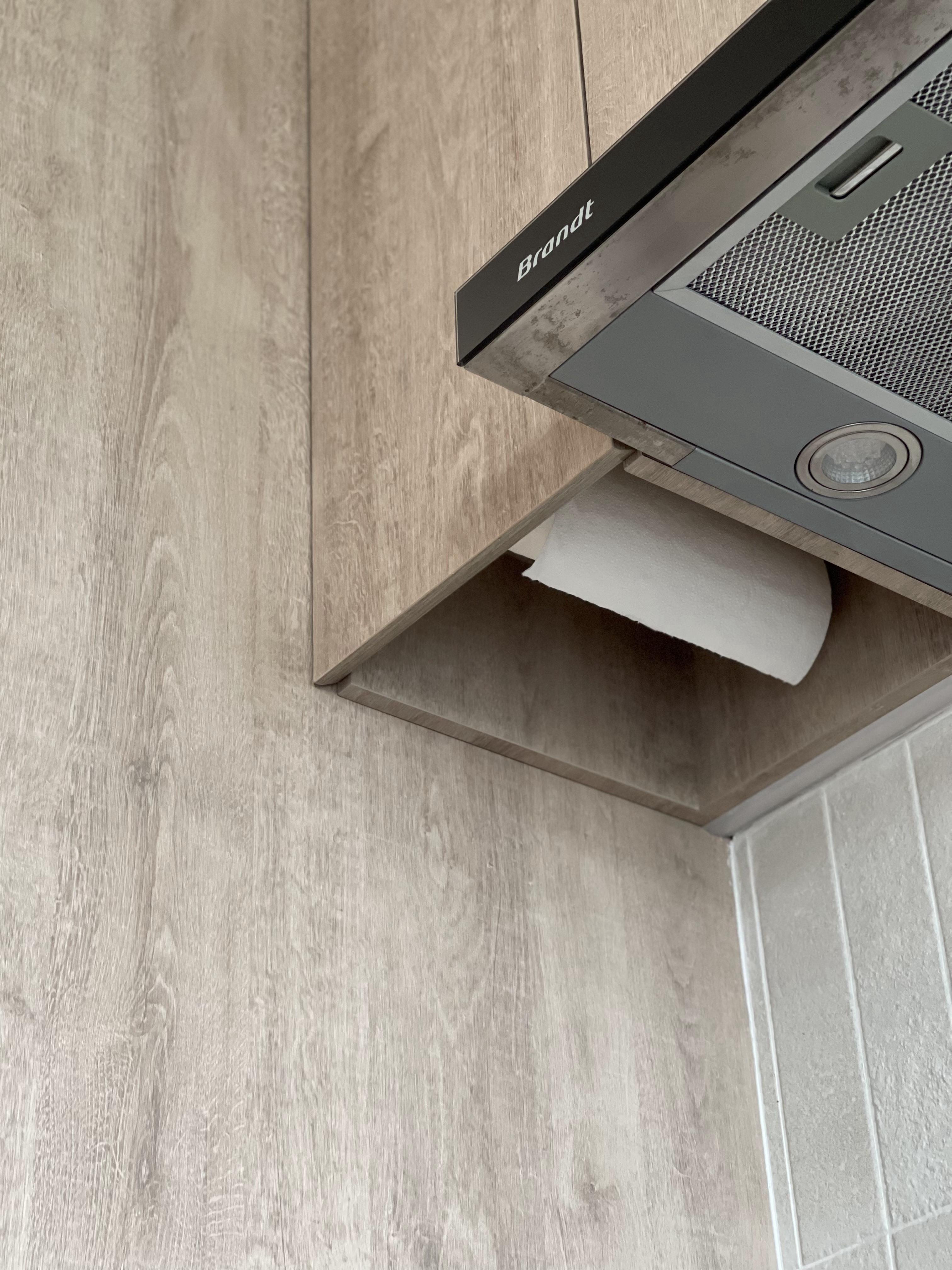 An Open-concept Galley Kitchen + Service Yard - Wooden cabinetry, modern design, wall-mounted appliance, under-counter space