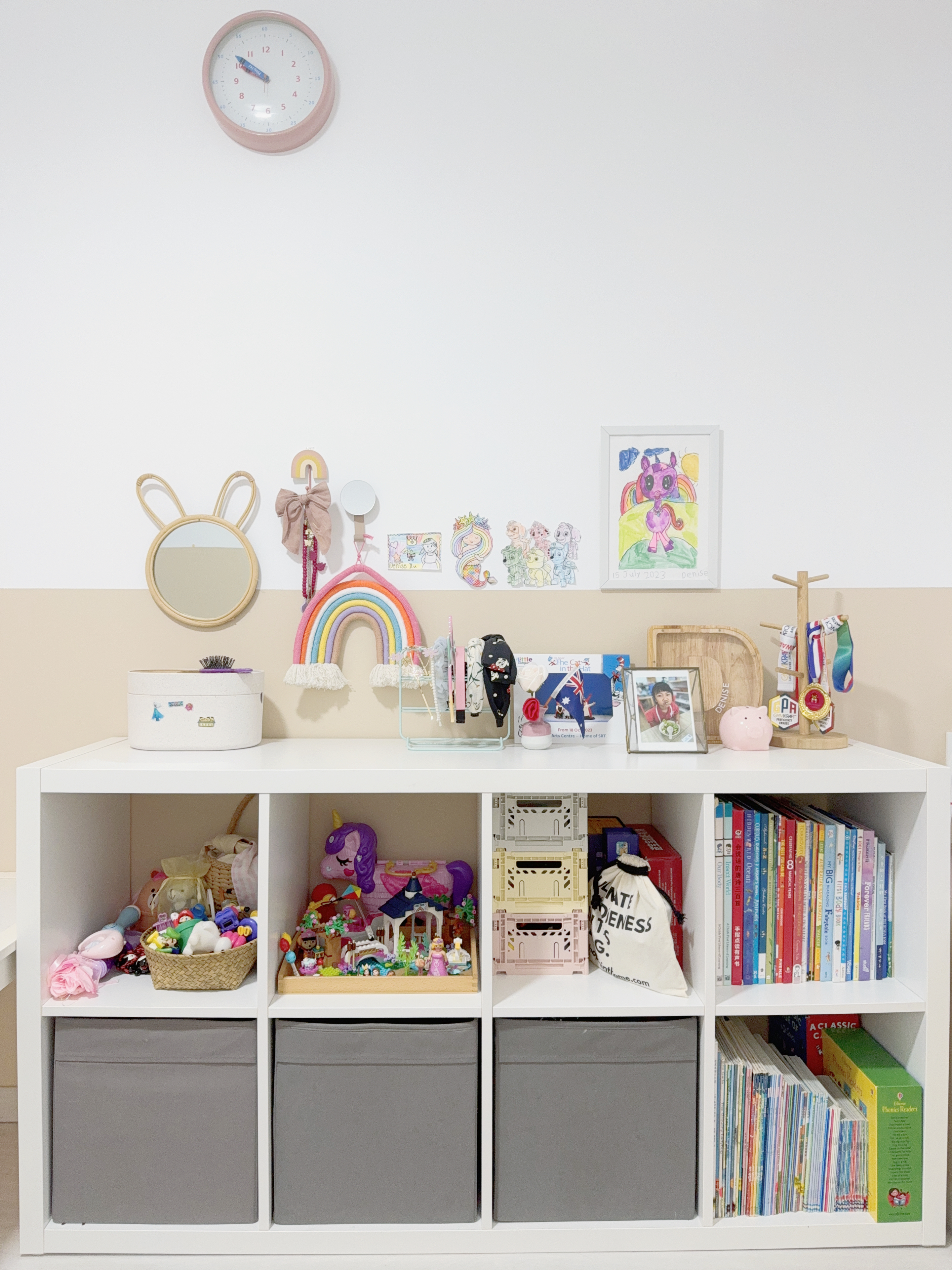 Two Kids Room, Two Different Styles! - Wall clock, white shelf, storage bins, colorful toys, rainbow decoration, unicorn