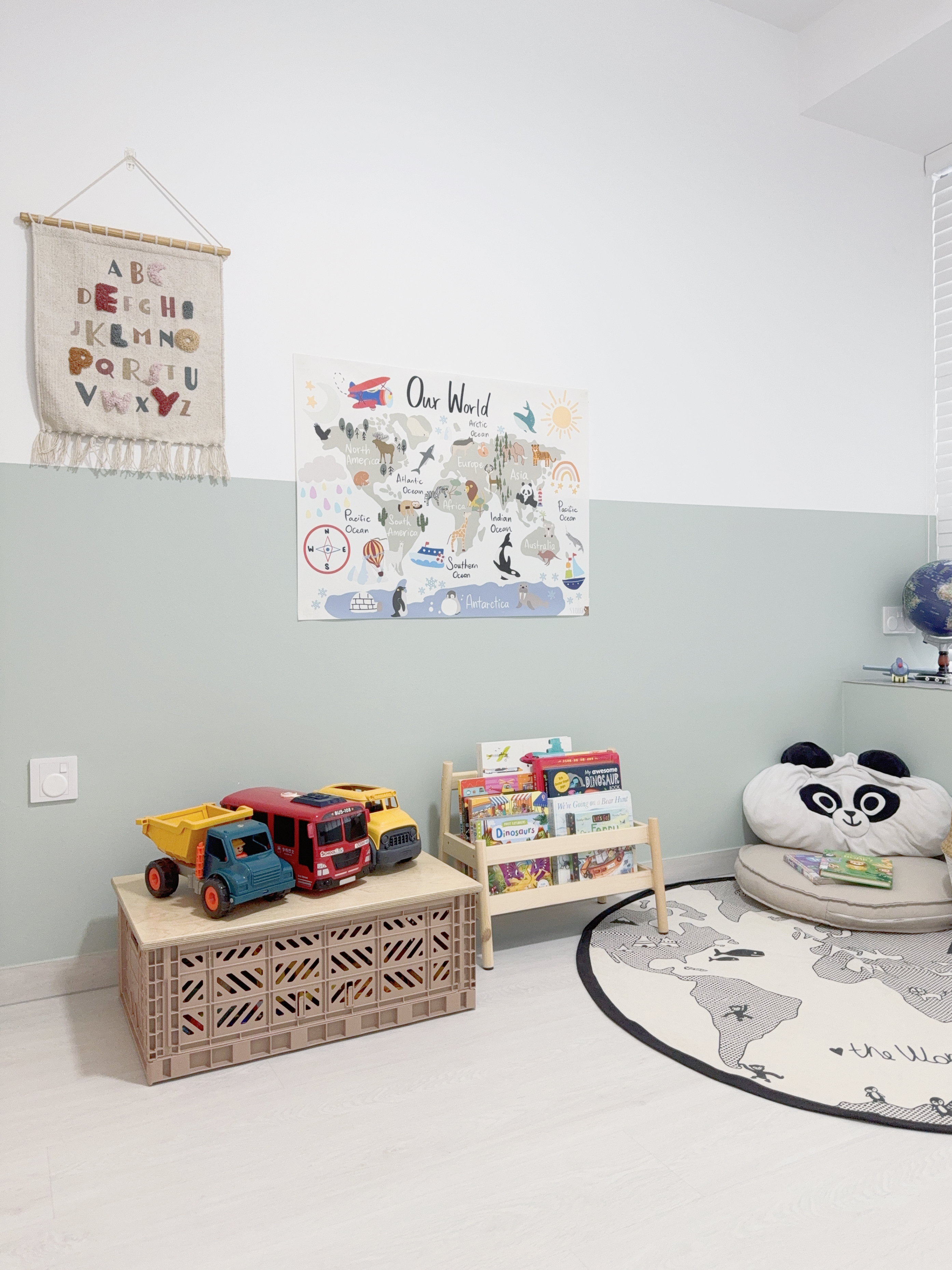 Two Kids Room, Two Different Styles! - Wall, children's room, alphabet banner, colorful toys, wooden crates, world map