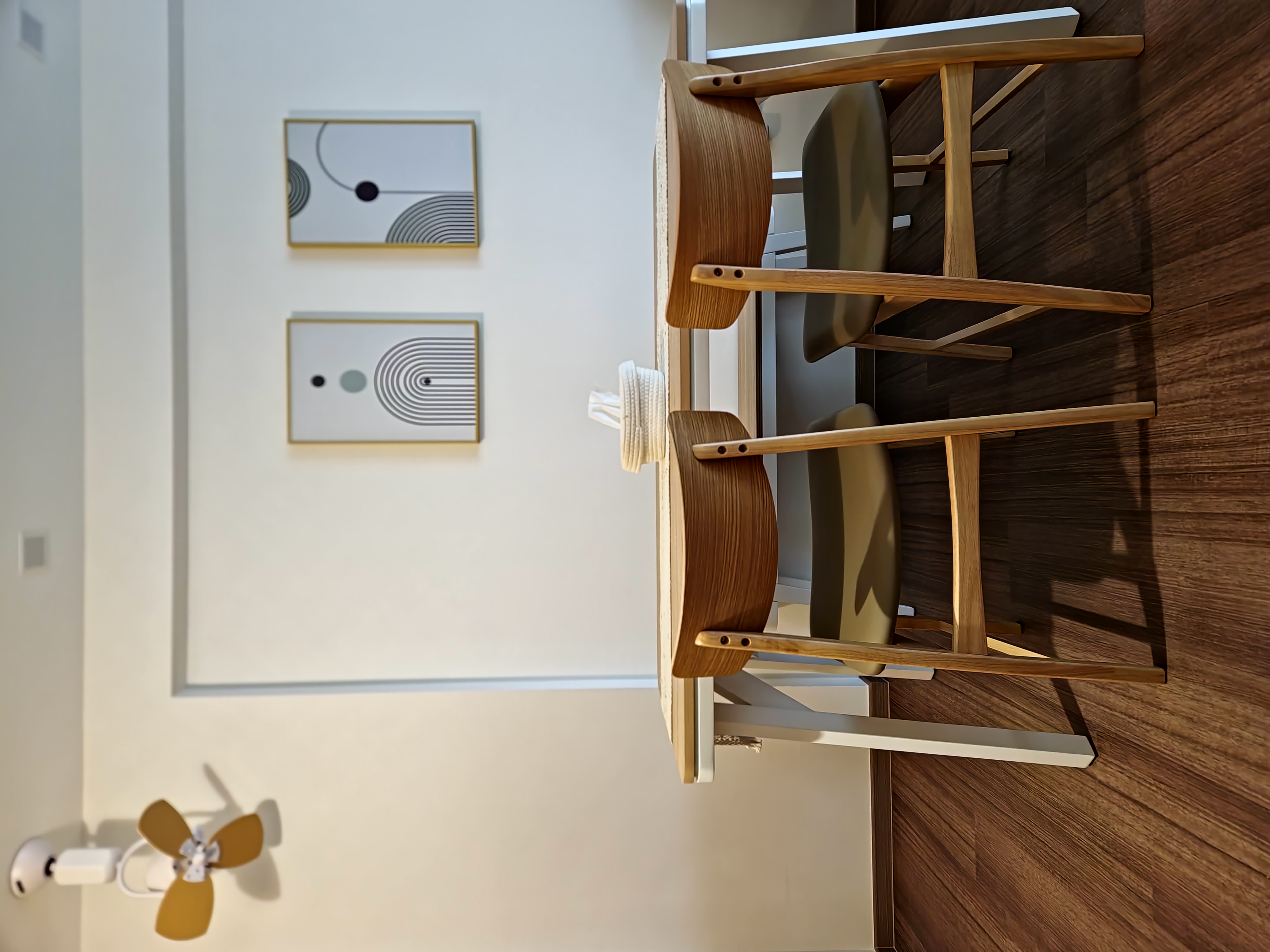 A modern and minimalist living room with scandinavian charm - Modern minimalist interior, wooden furniture, geometric art