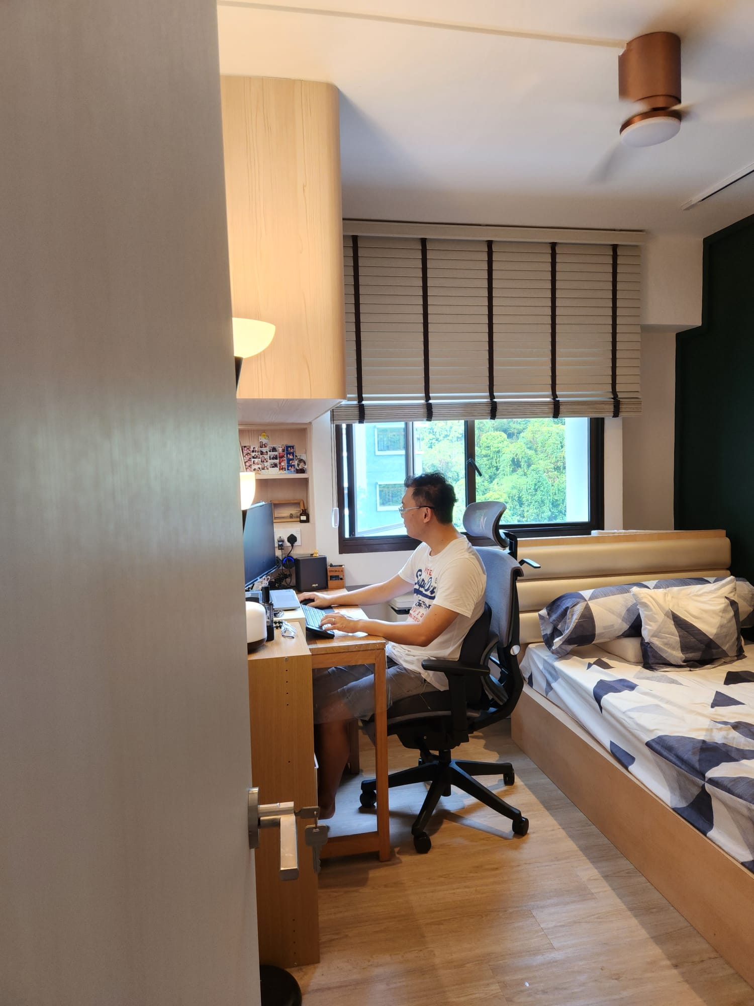 Man's Cave// Work from home edition  - Modern bedroom, cozy workspace, man typing, desk setup, computer on, office chair