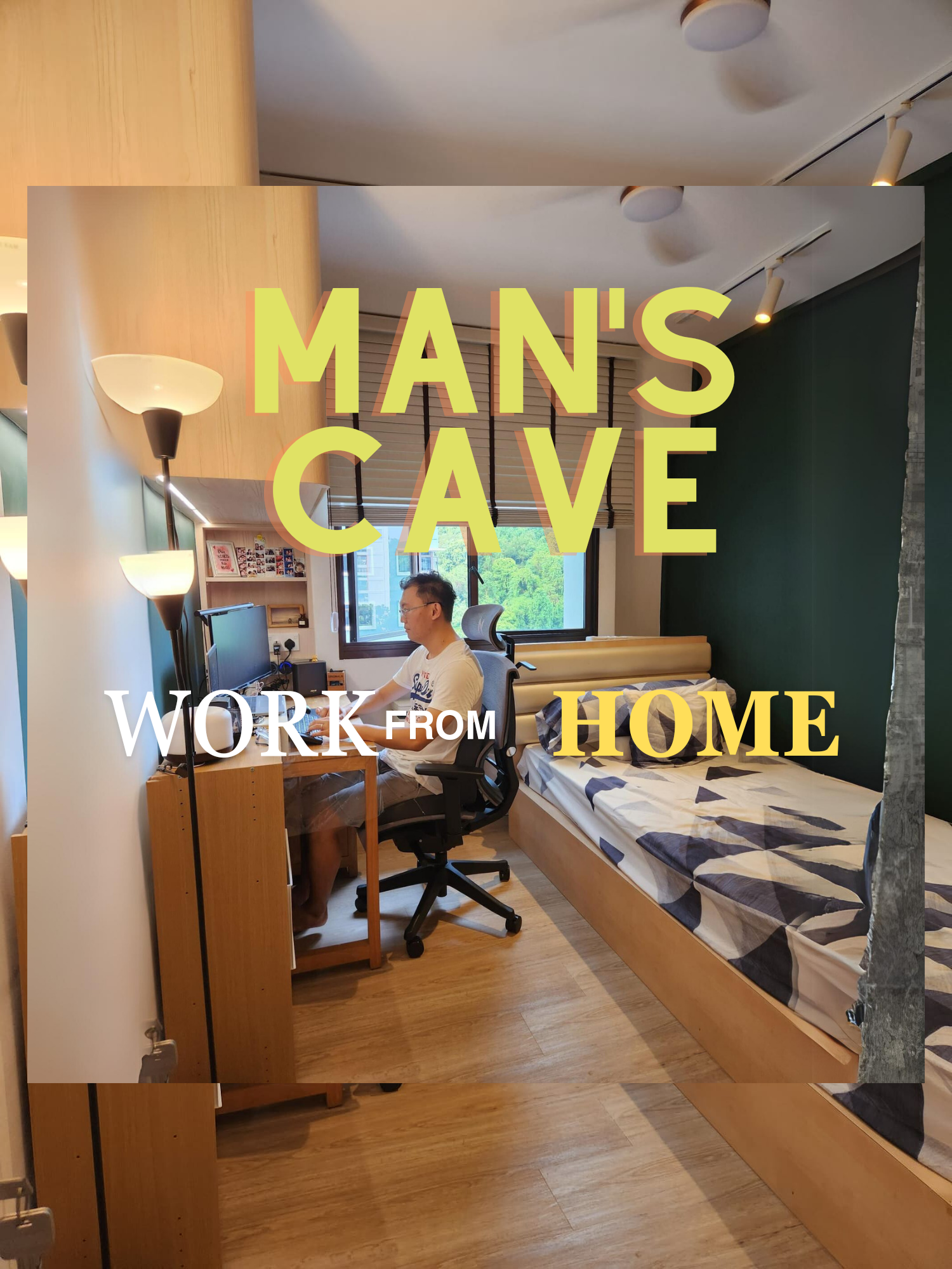 Man's Cave// Work from home edition  - Modern bedroom, cozy atmosphere, wooden flooring, large window, comfortable bed, desk