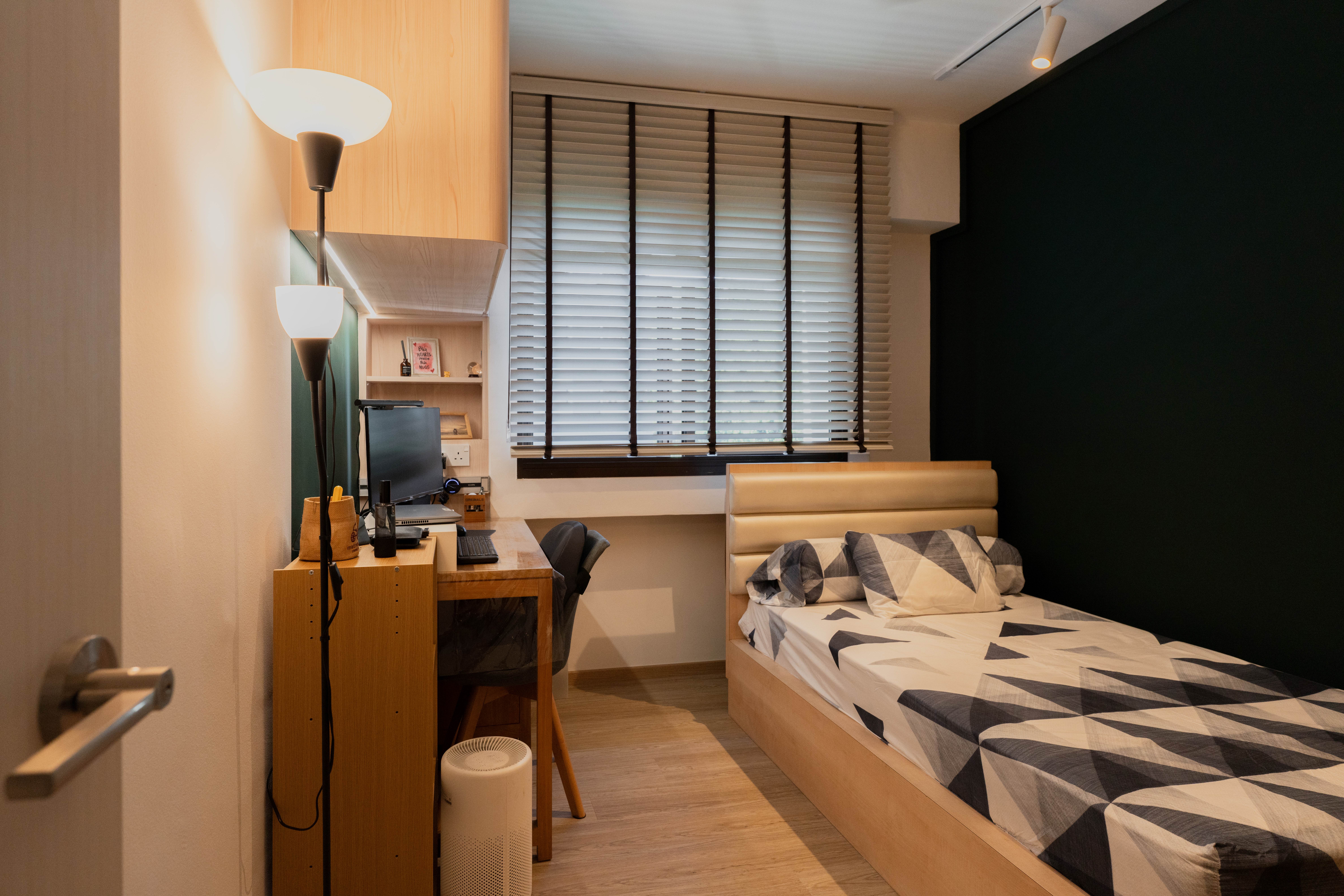 Man's Cave// Work from home edition  - Modern bedroom interior, minimalist design, wooden furniture, large window with