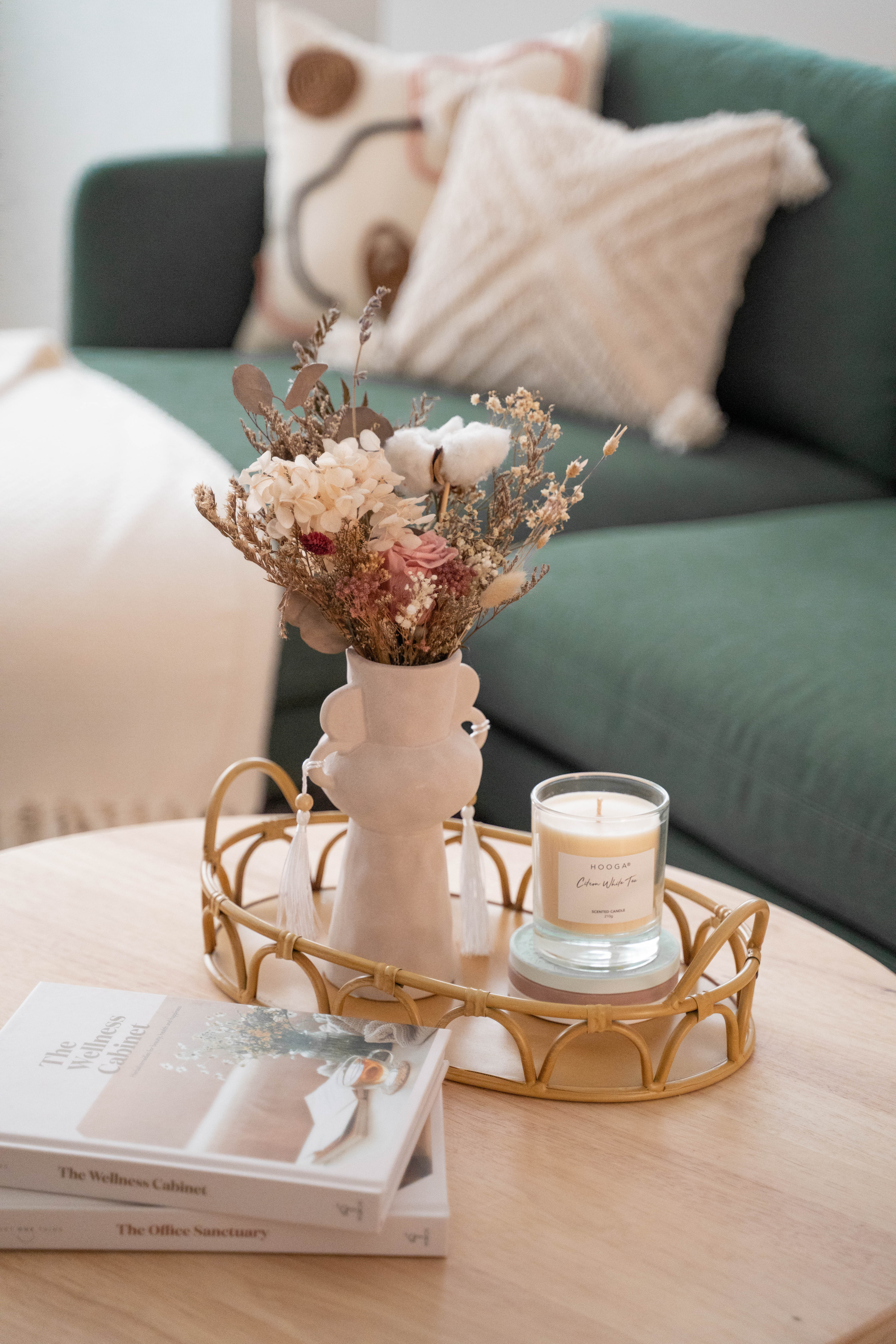 Scandi Living Room, Bedroom & Boho-chic Home Office - Floral arrangement in vase, cozy sofa, soft lighting, modern decor