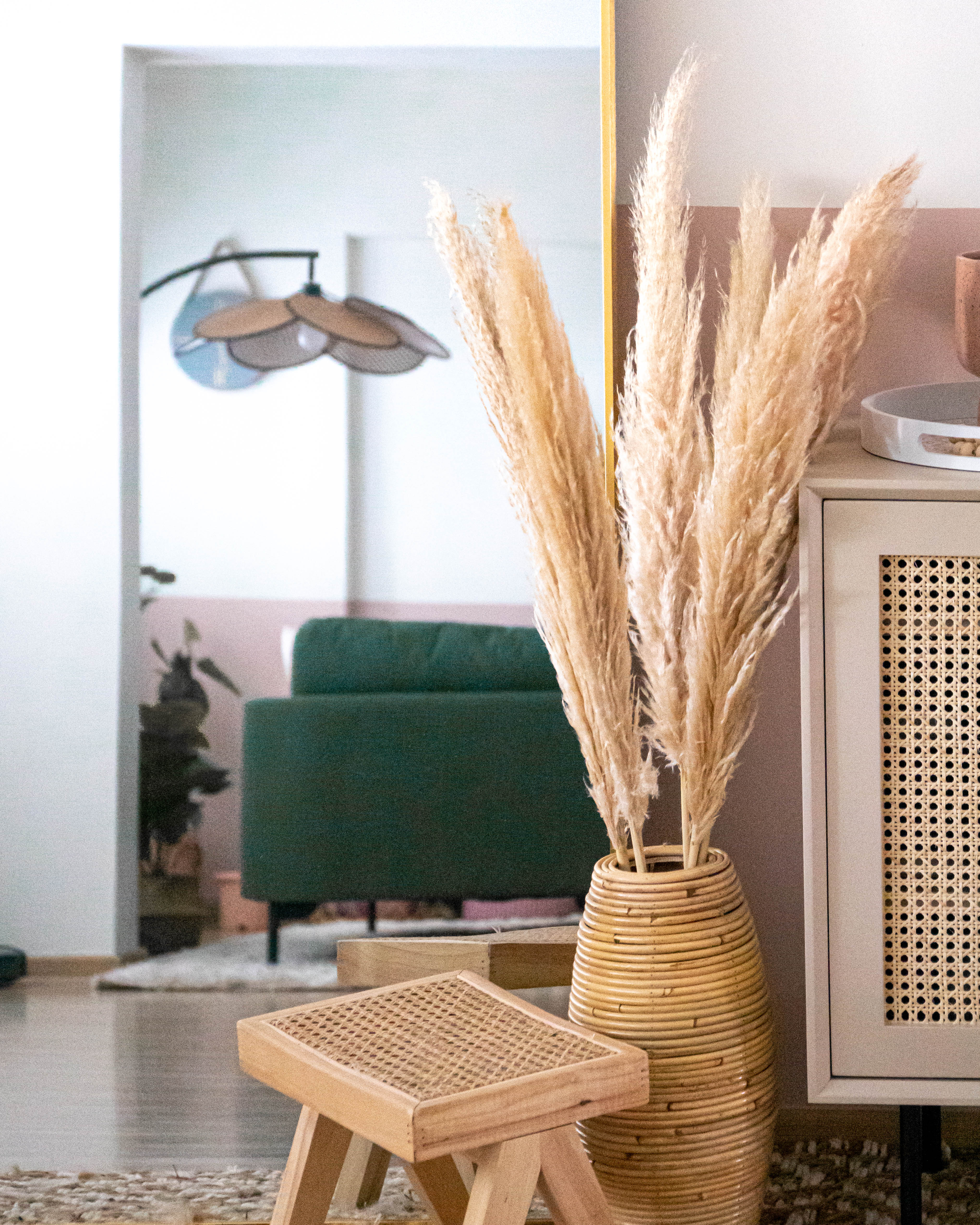 Scandi Living Room, Bedroom & Boho-chic Home Office - vibrant green sofa, cozy living room, modern decor, woven vase, natural