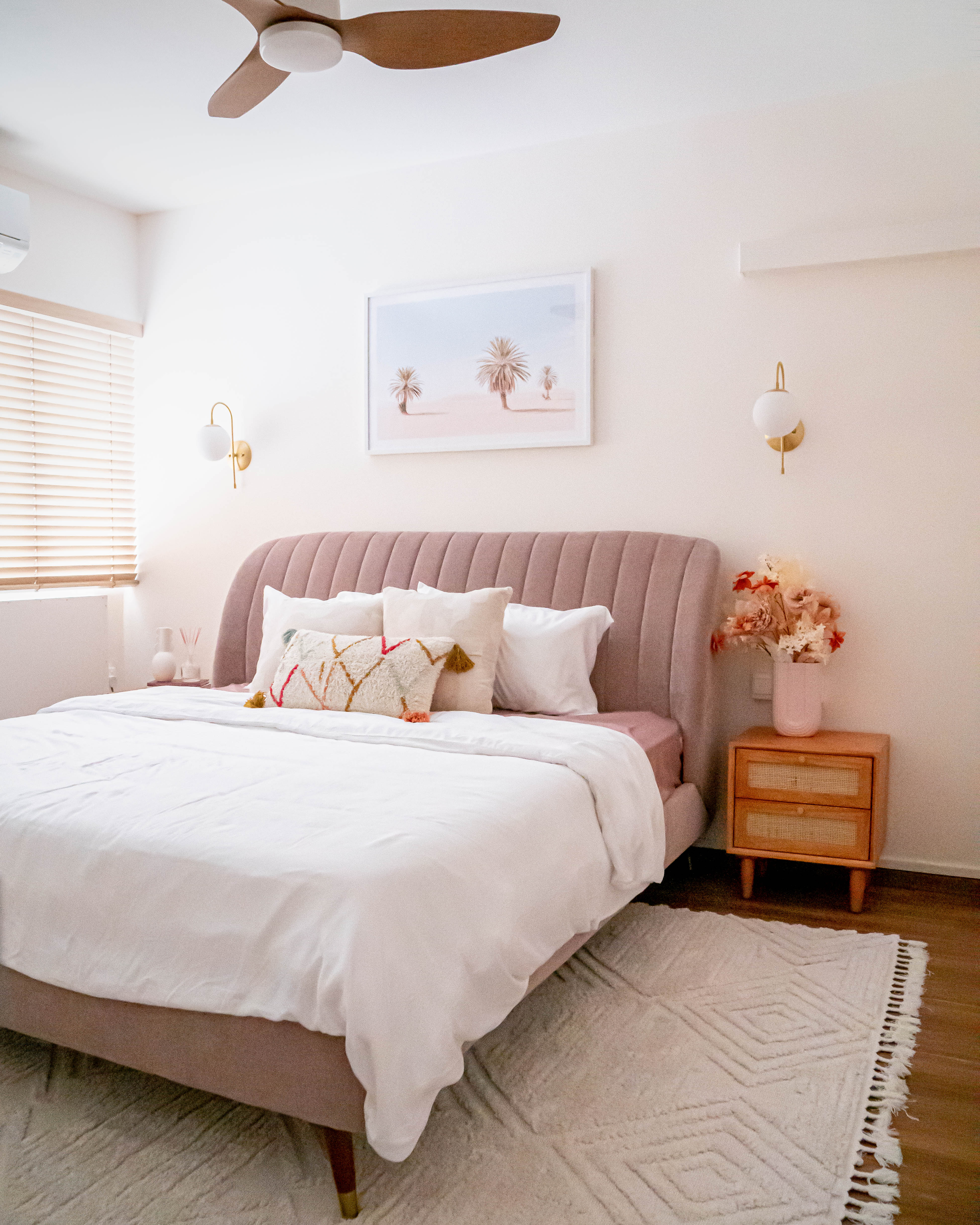 Scandi Living Room, Bedroom & Boho-chic Home Office - Soft pink upholstered headboard, white comforter, beige pillows, wooden