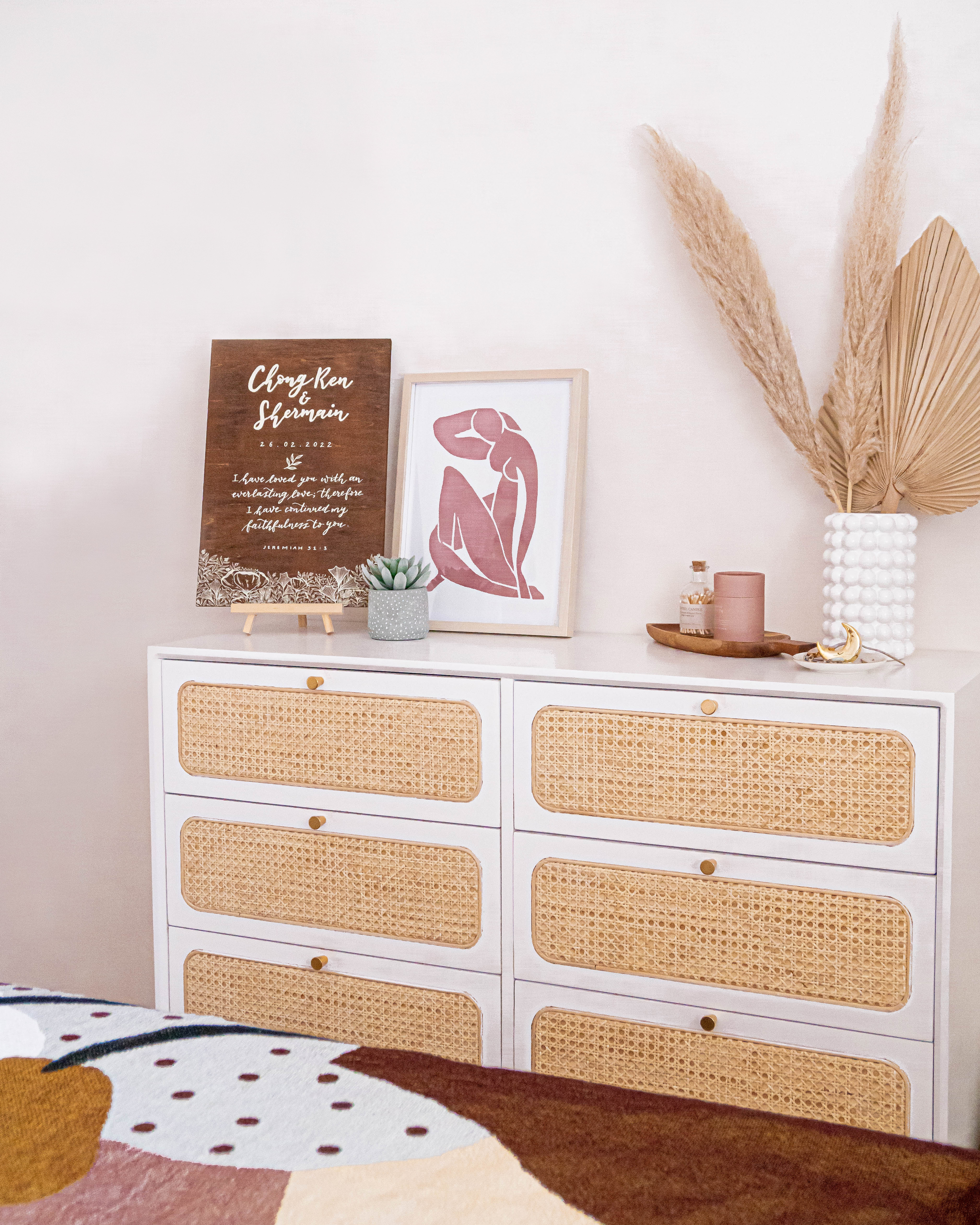 Scandi Living Room, Bedroom & Boho-chic Home Office - Wooden cabinet with woven dividers, beige and white color scheme