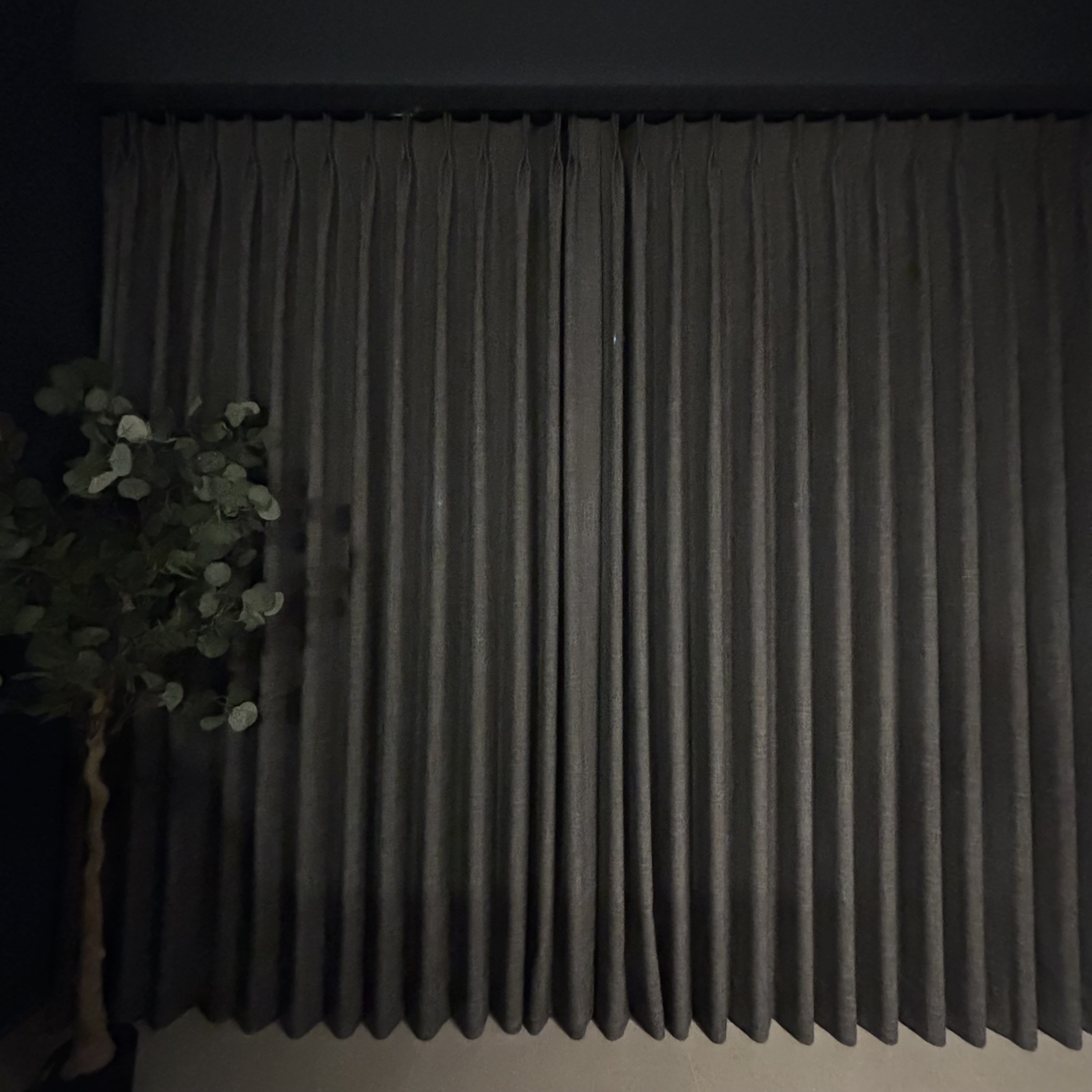 Embrace the dark theme cozy bedroom vibes 🌃 - Dark, vertical, draped, sheer, curtains, soft, muted, shadowy, serene