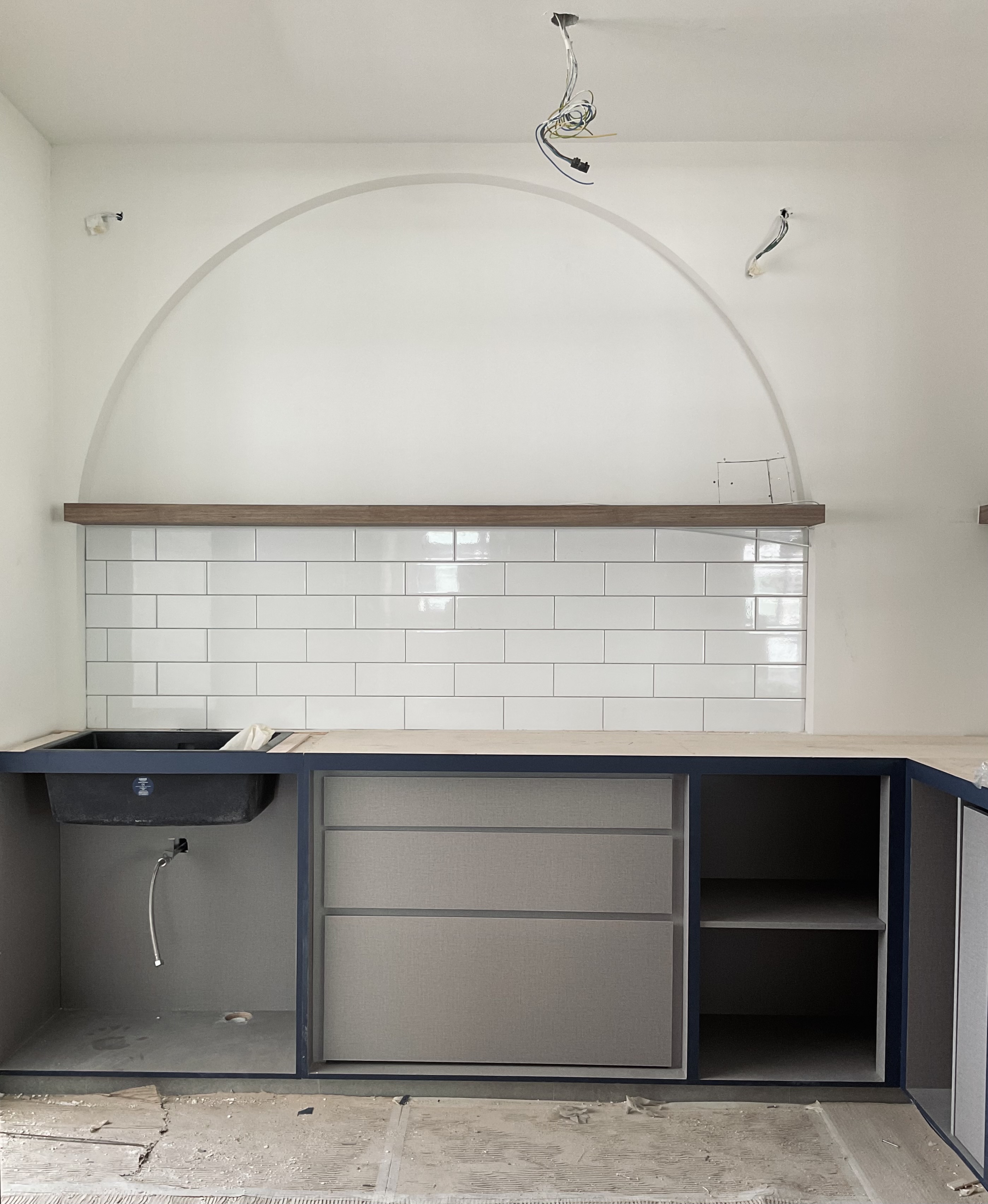 Our blue farmhouse style open concept kitchen!